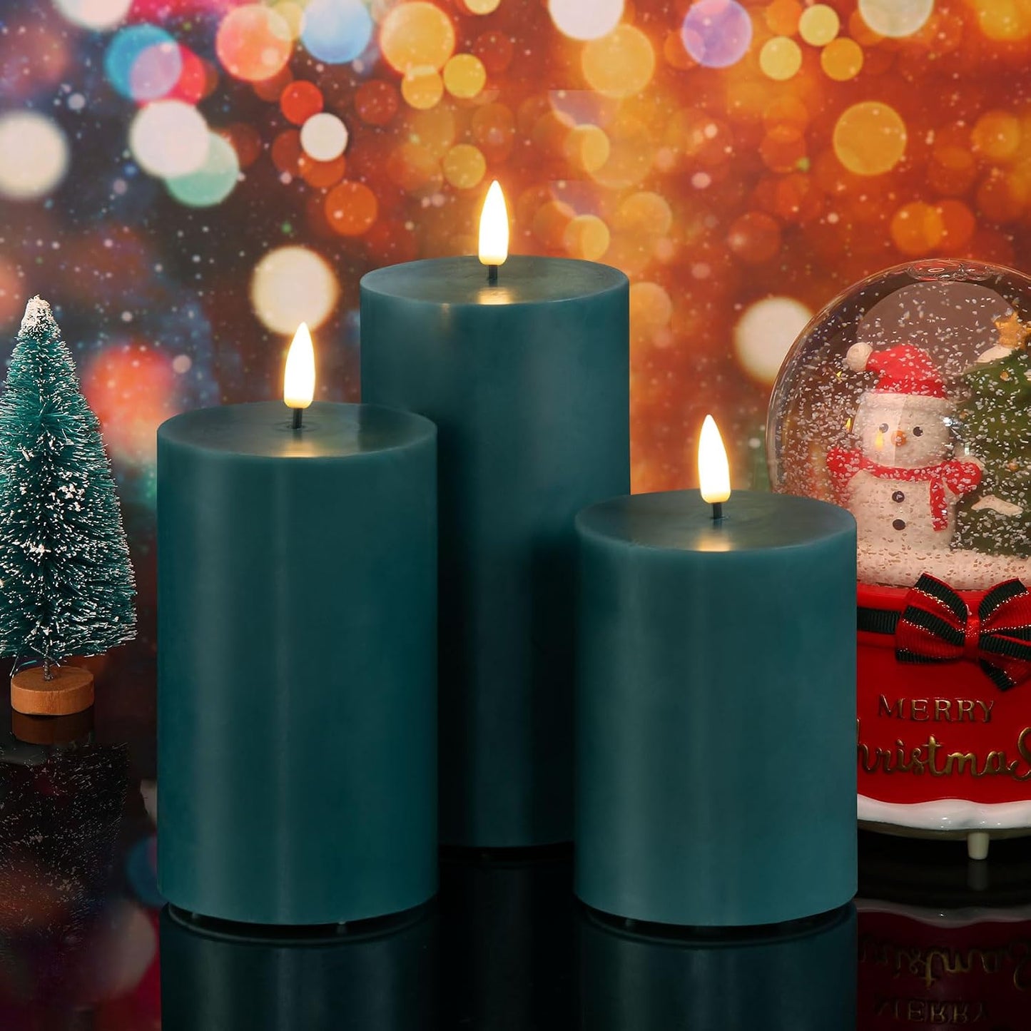 Green Flameless Pillar Candles with Remote Set of 3 | Flickering LED Candles, 2 AA Battery Power, Flat Top Real Wax