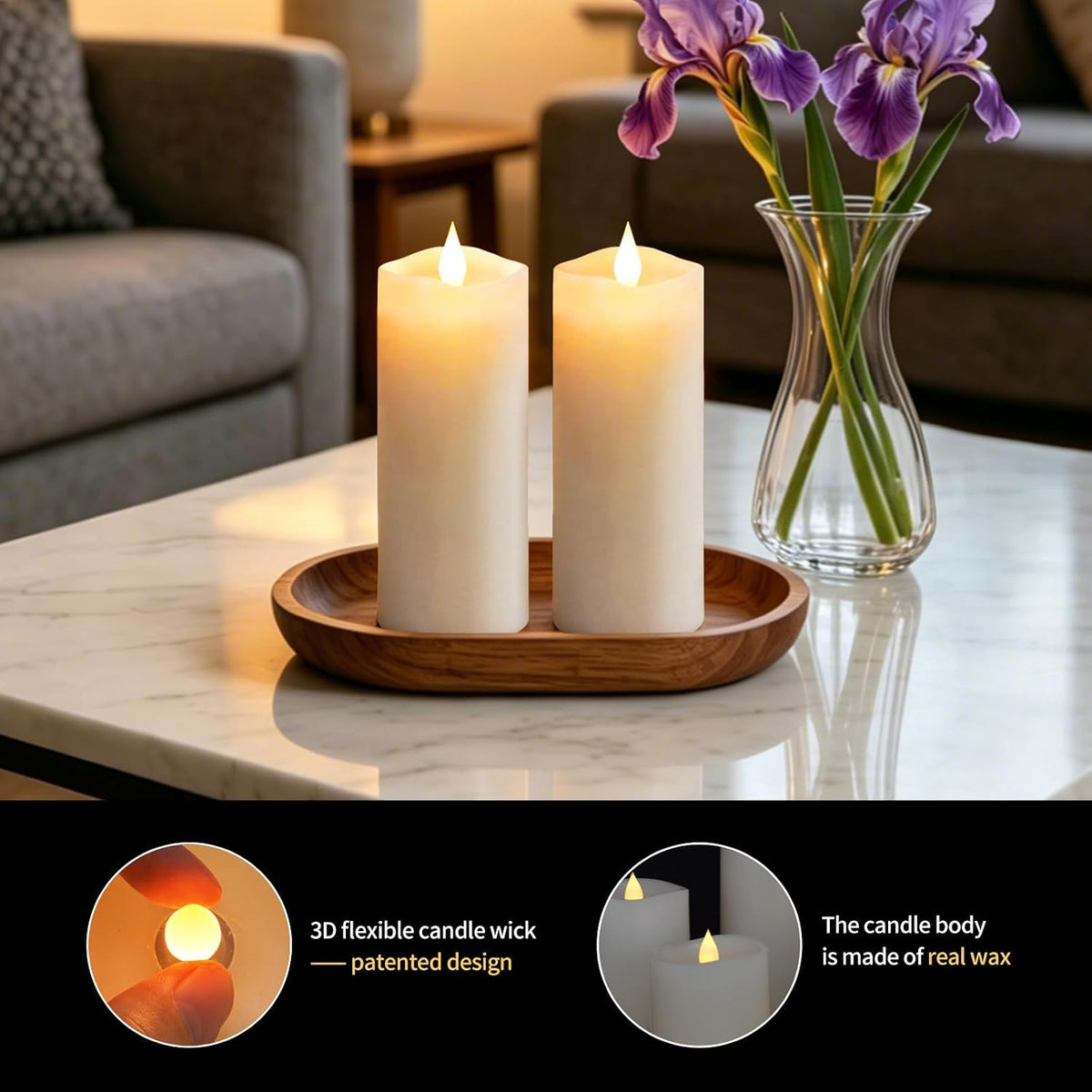 Flameless LED Candles 3"x8" Set of 2, Battery Operated with Remote & Timer, 600-Hour on 2 AA Batteries, Flickering