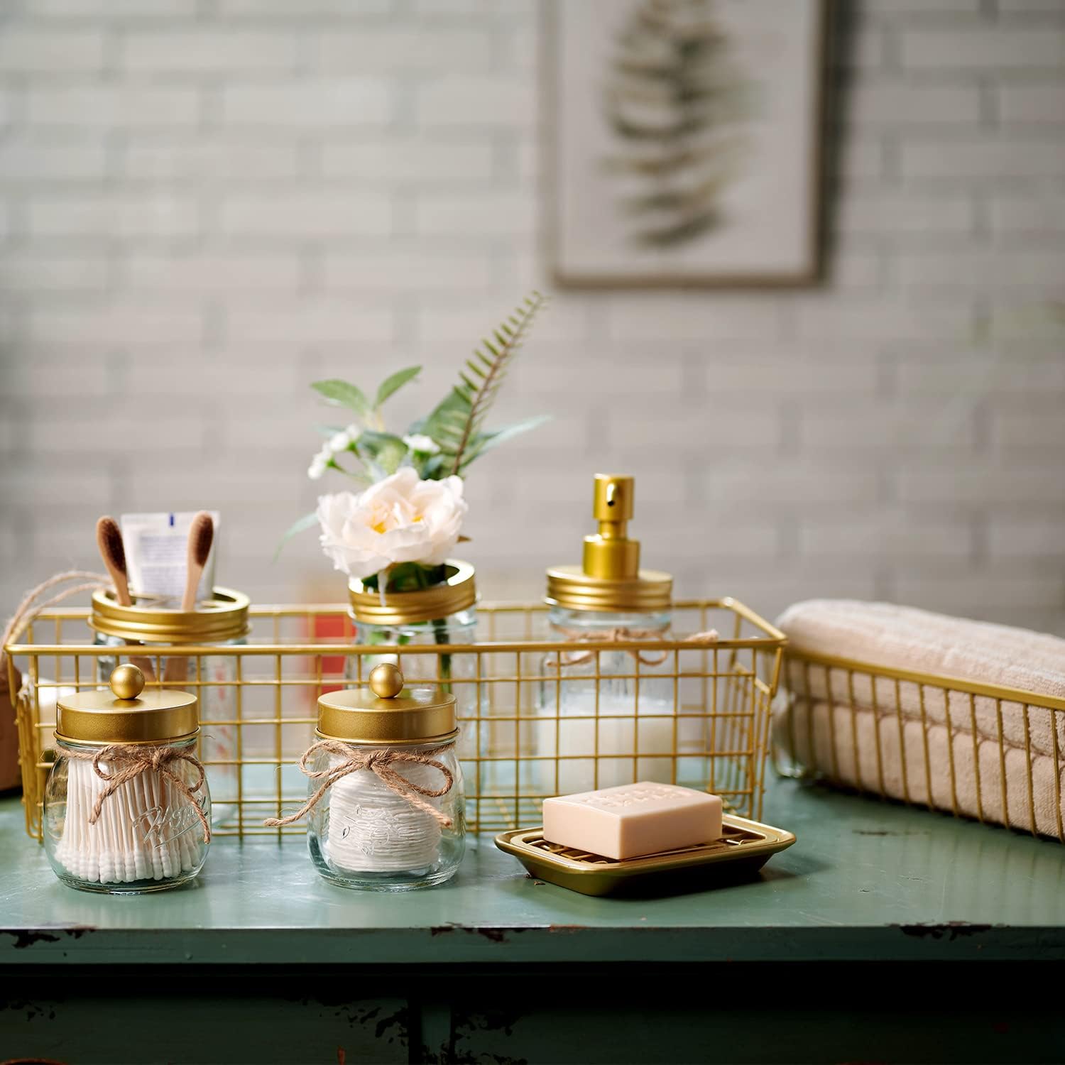 SheeChung Mason Jar Bathroom Accessories Set, 6Pcs Rustic Bathroom Set,Gold | Glass Bathroom Accessory Set, Soap
