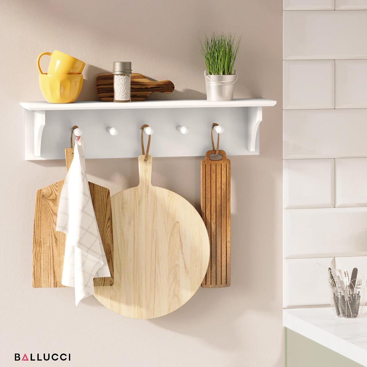 Ballucci Floating Coat and Hat Wall Shelf Rack, 5 Pegs Hook, 24", White