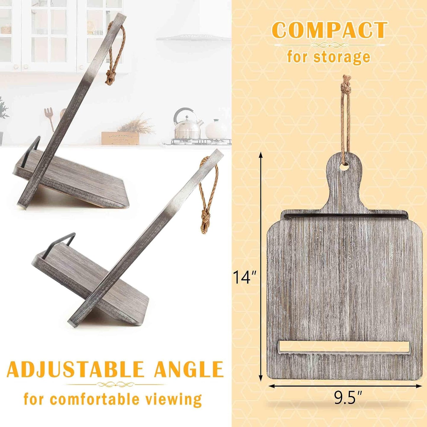 Grey Cookbook Stand for Kitchen Counter: Wooden Recipe Book Holder | Solid Wood with Measurement Chart, Holds 2" Thick