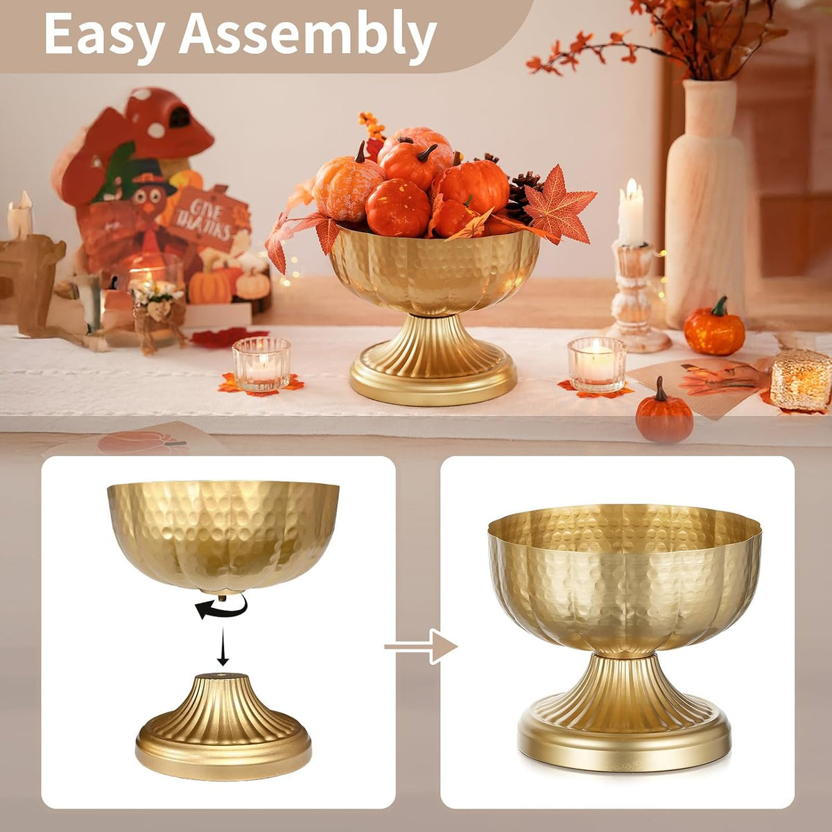 NUPTIO Gold Compote Vases for Centerpieces, Hammered, 6.3", 10 Pcs | Metal Pedestal Bowl, for Small Flowers
