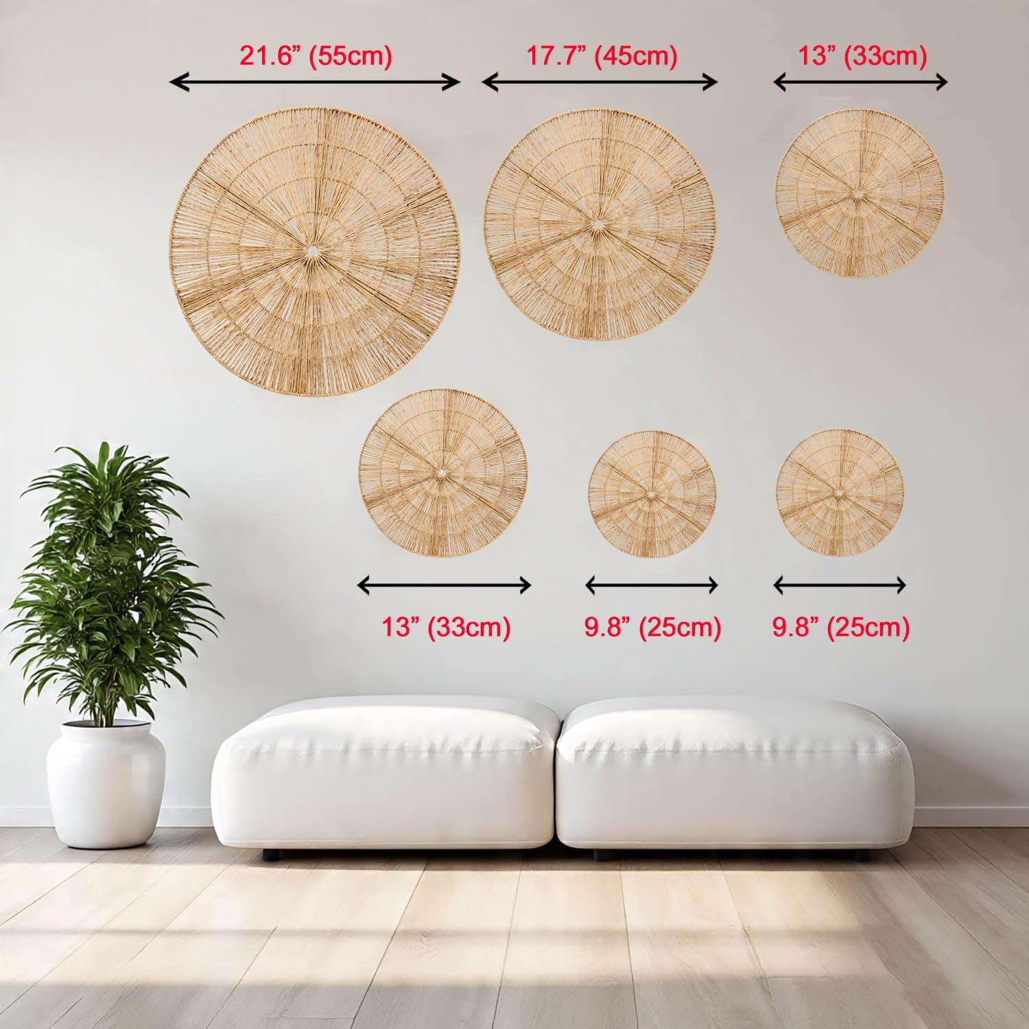Boho Wicker Rattan Plate Basket Set For Décor Hanging Wall / Classic / Natural / Set of 6