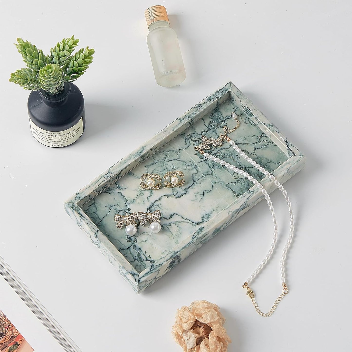 Stone Organizer / Natural Small Marble Vanity Tray / Cyan-green / 7.9 x 4.3 x 0.8