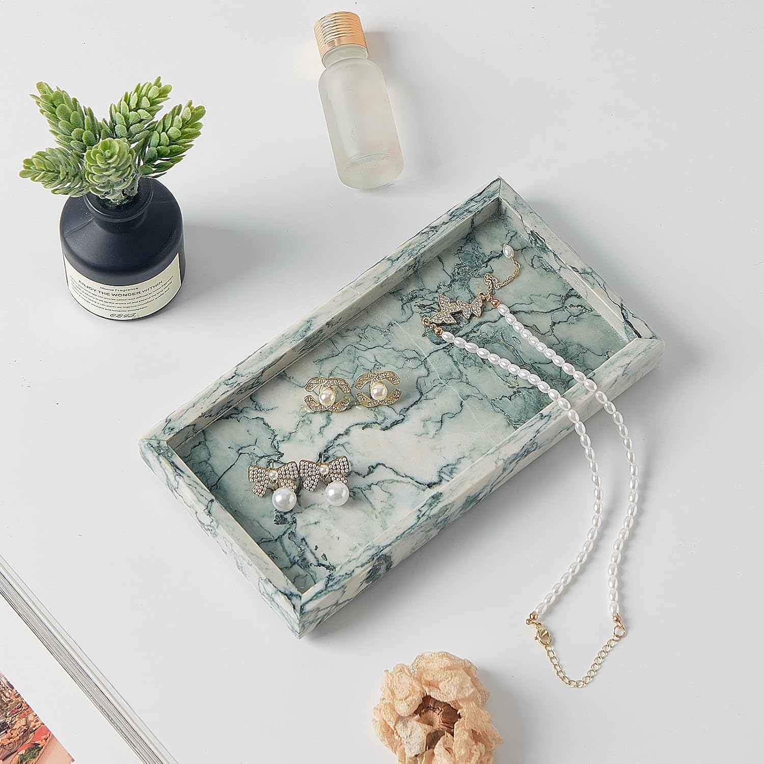 Stone Organizer / Natural Small Marble Vanity Tray / Cyan-green / 7.9 x 4.3 x 0.8