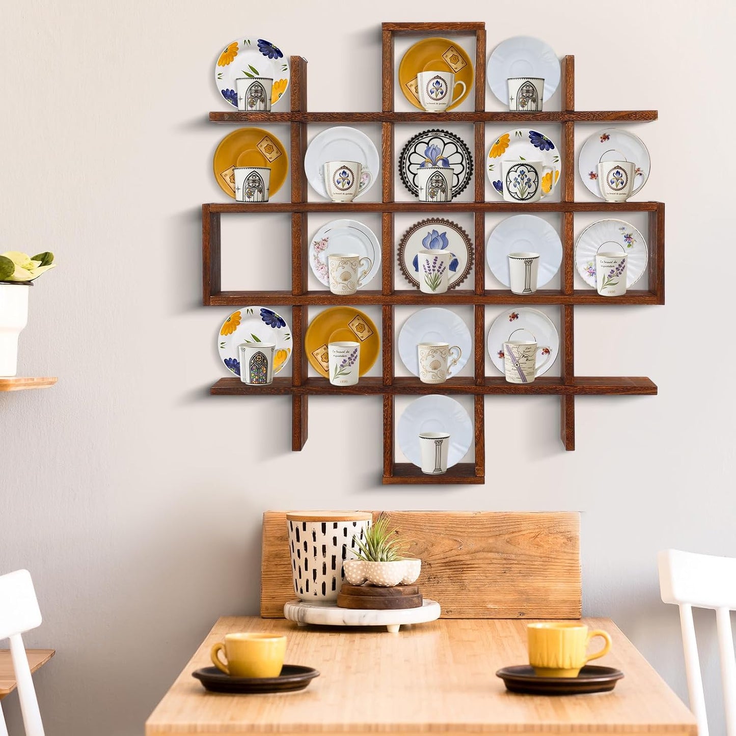 Suzile 5x5 Wall Shelf for Tea Cups Saucers, Rustic Wood Rack,Brown | Floating Curio Display with Coffee Mugs, Wall