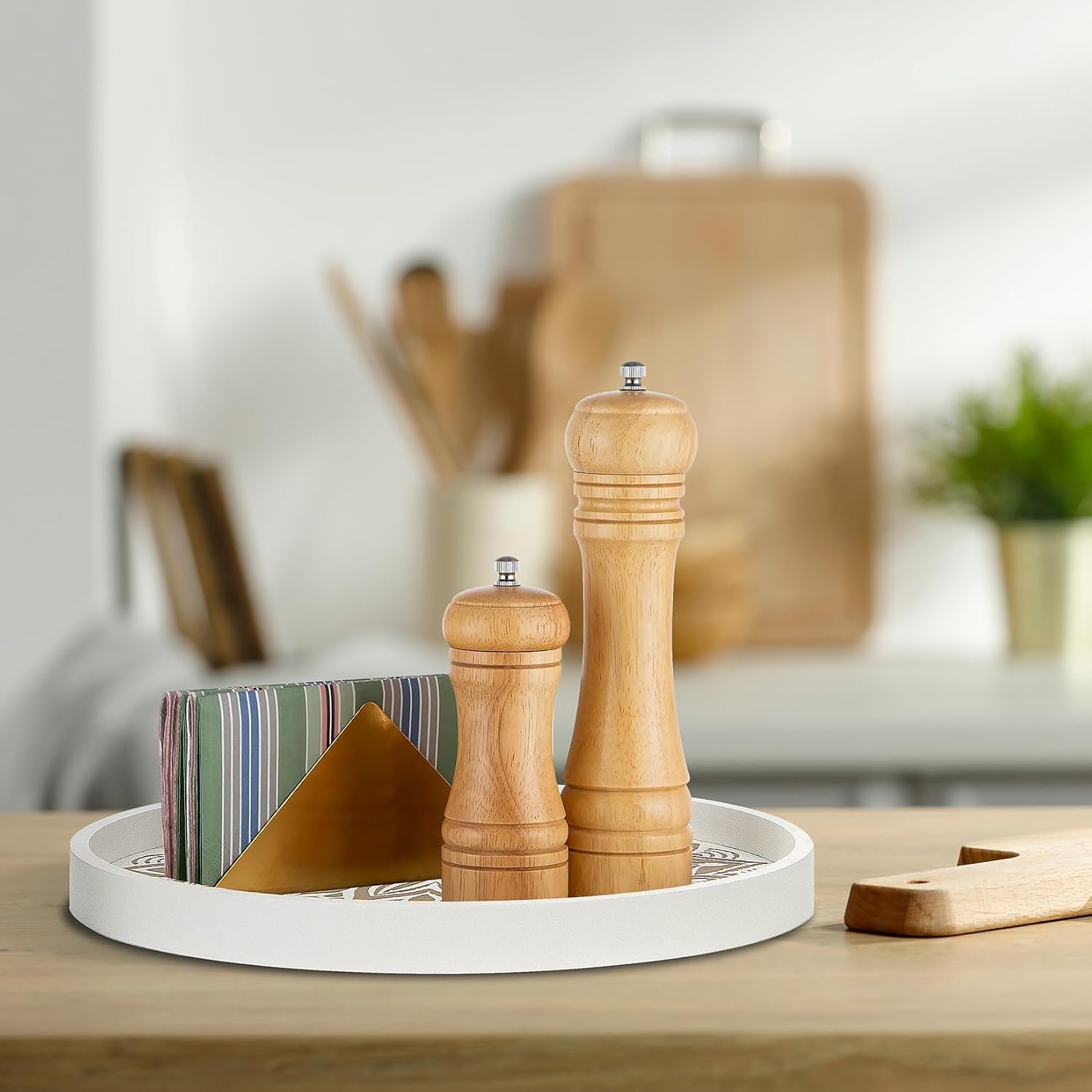 Wood Texture Boho Ottoman Serving Tray / White