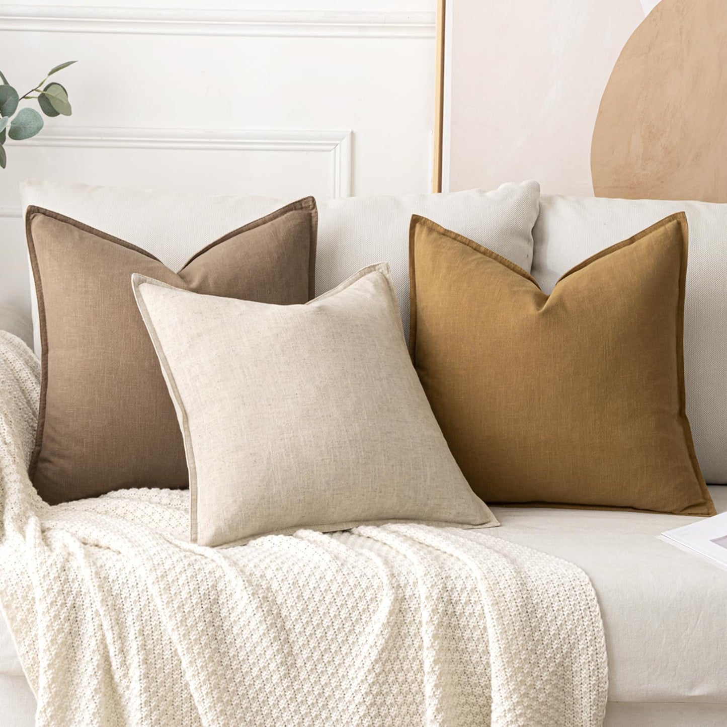 Decorative Linen Pillow Covers Boho Farmhouse Neutral Couch / 20 x 20 / Natural Beige / Set of 2