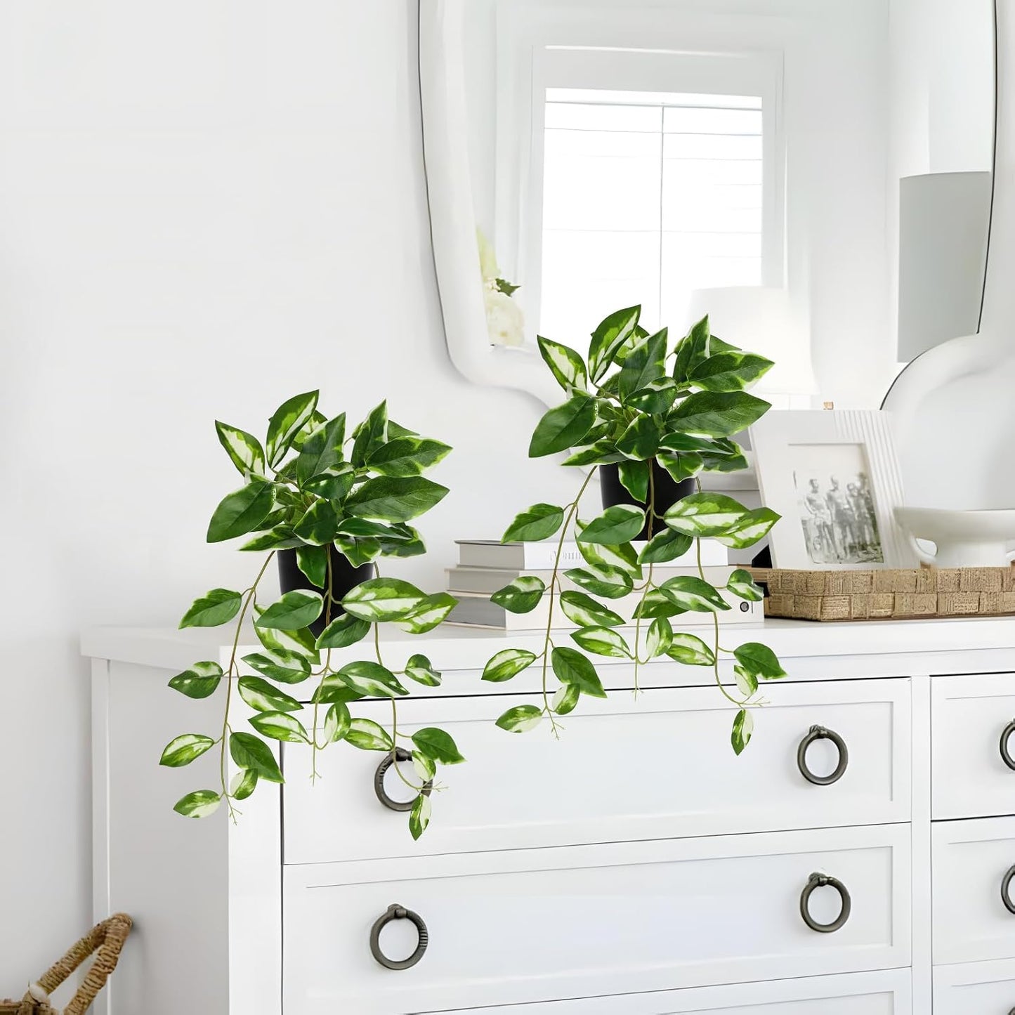 Small Fake Plants Indoor Realistic Faux Trailing Plant Artificial Potted Plants / White / Set of 2