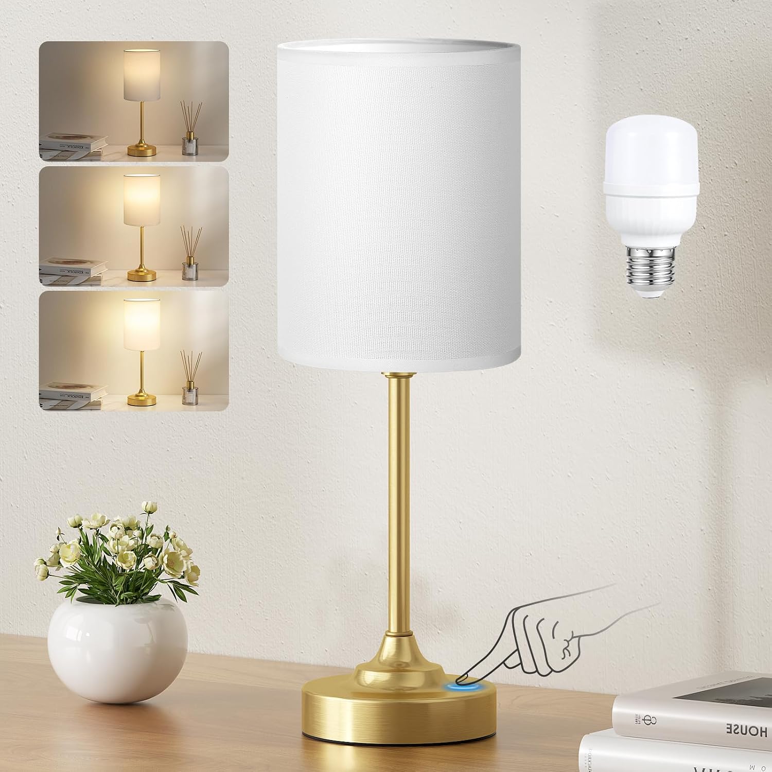 Fenmzee Gold Bedside Lamp for Bedroom - 3-Way Dimmable Touch Table Lamp