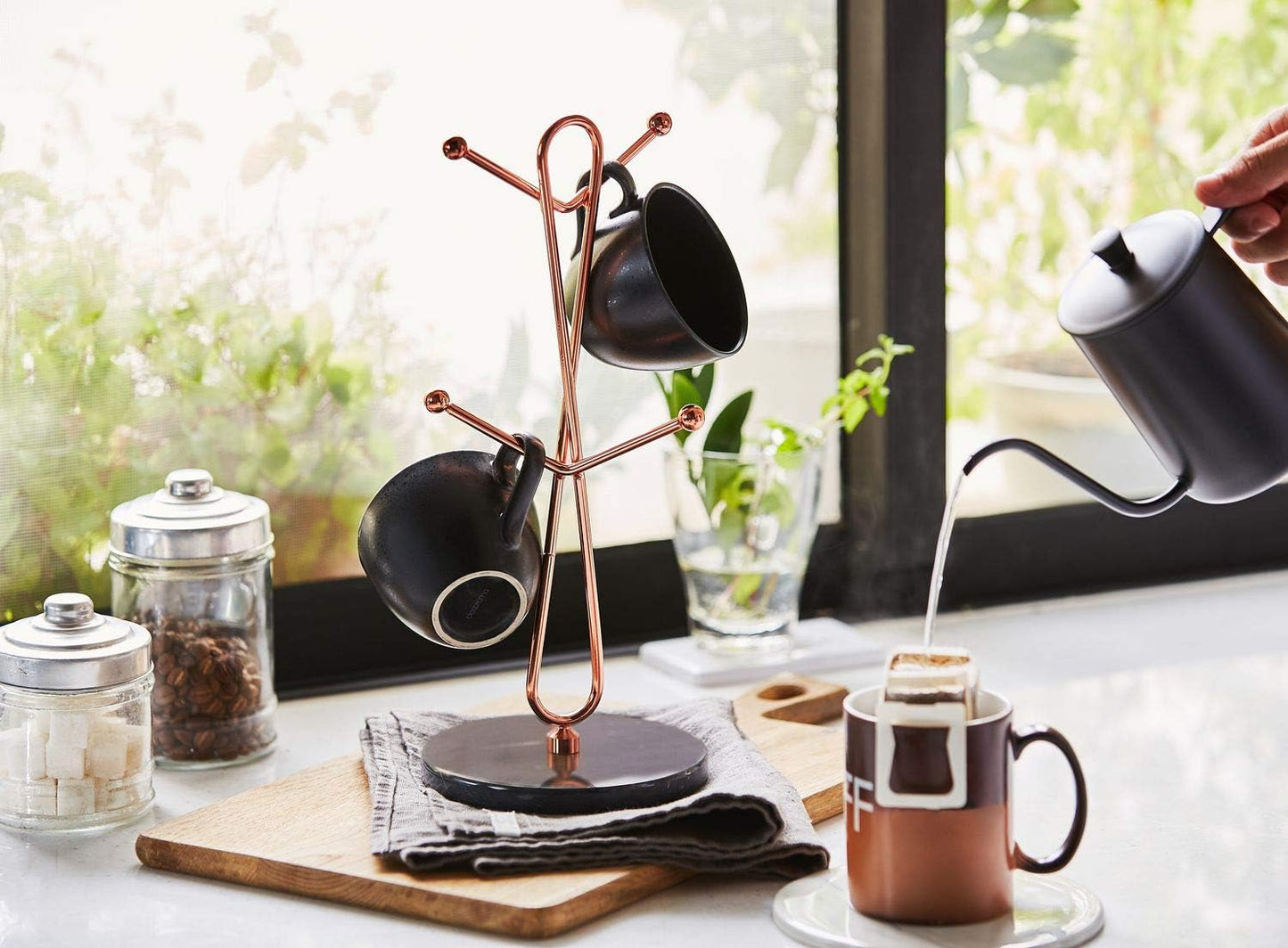 JEmarble Mug Holders with Copper Plated Standing - White Countertop Mug Tree, Coffee & Tea Cup Storage Rack, Coffee