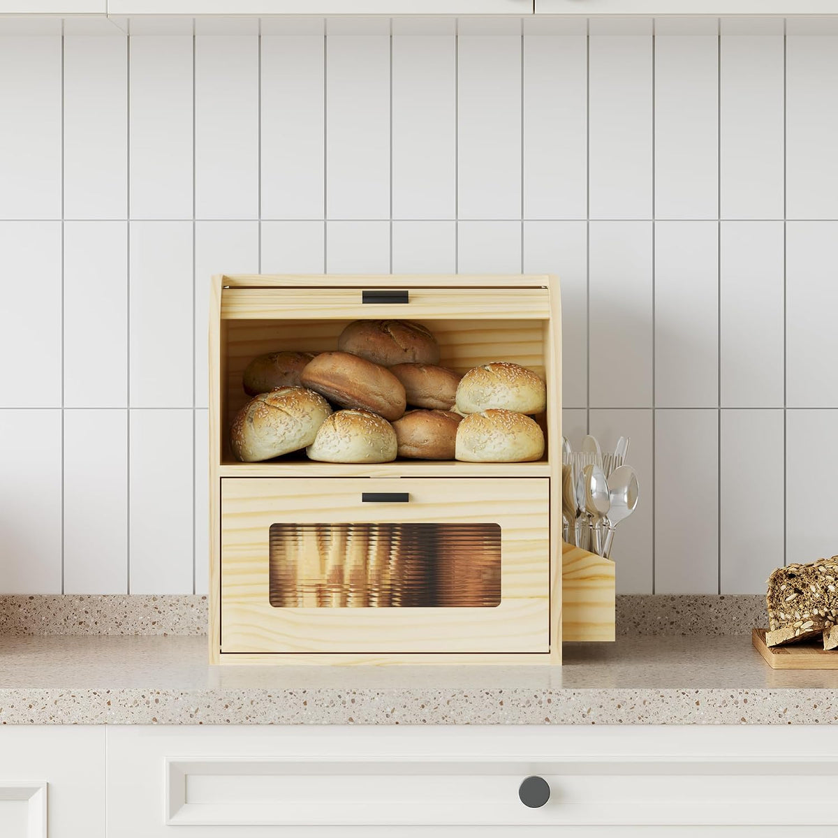 TQVAI Roll Top Bread Box for Kitchen Countertop, Keep Fresh Longer, Easy to Maintenance, Double Layer Vintage Wooden
