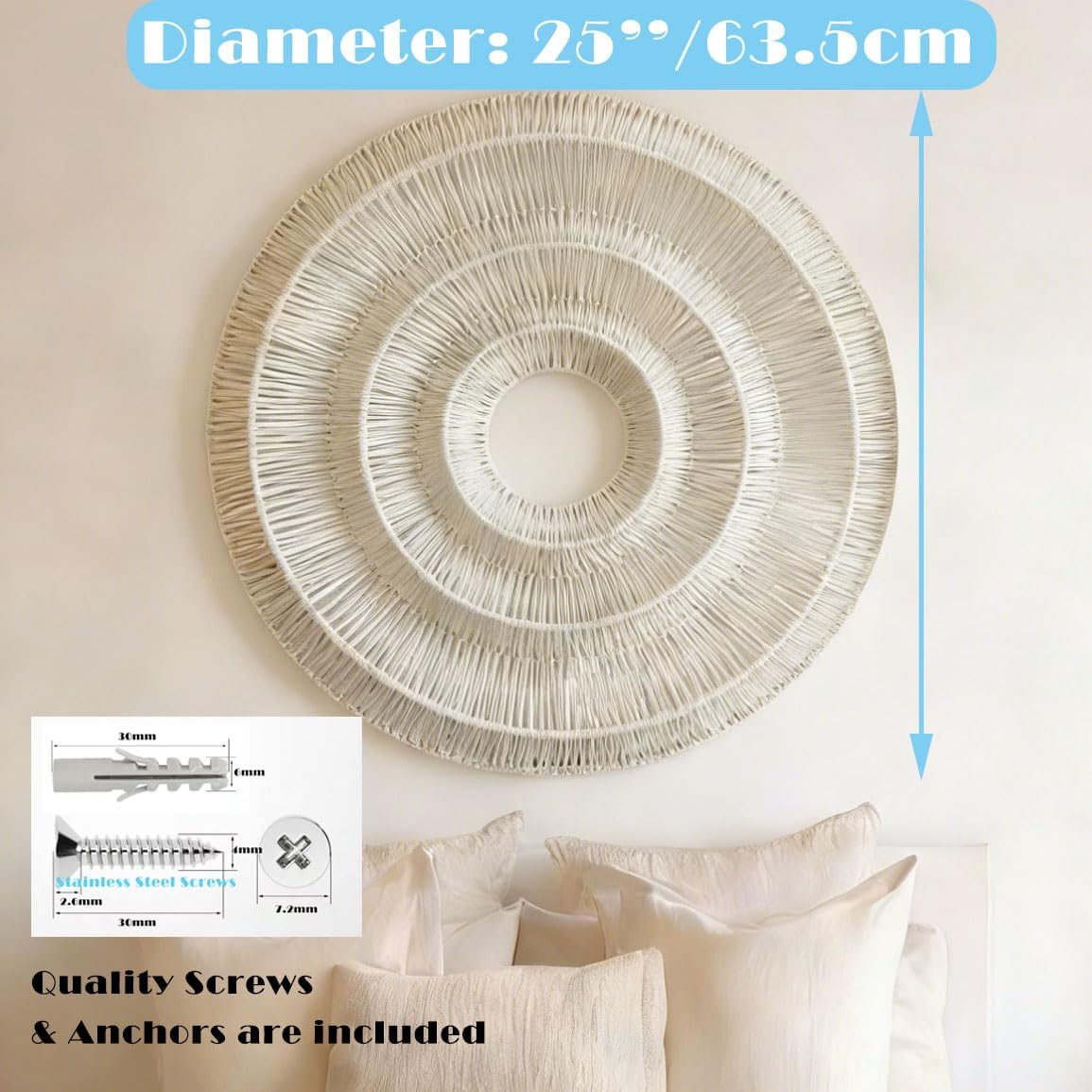 3D Round Boho Wall Basket. Large Rustic Wall Art / Beige