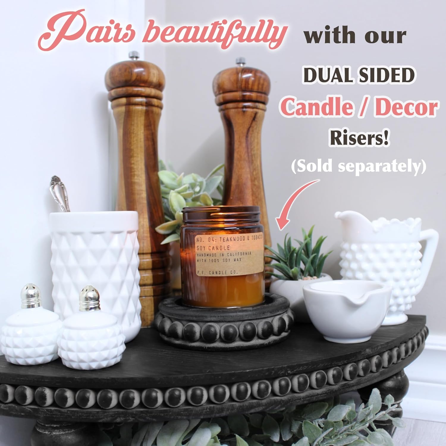 Farmhouse Wood Rounded Beaded Tray / Rustic Black