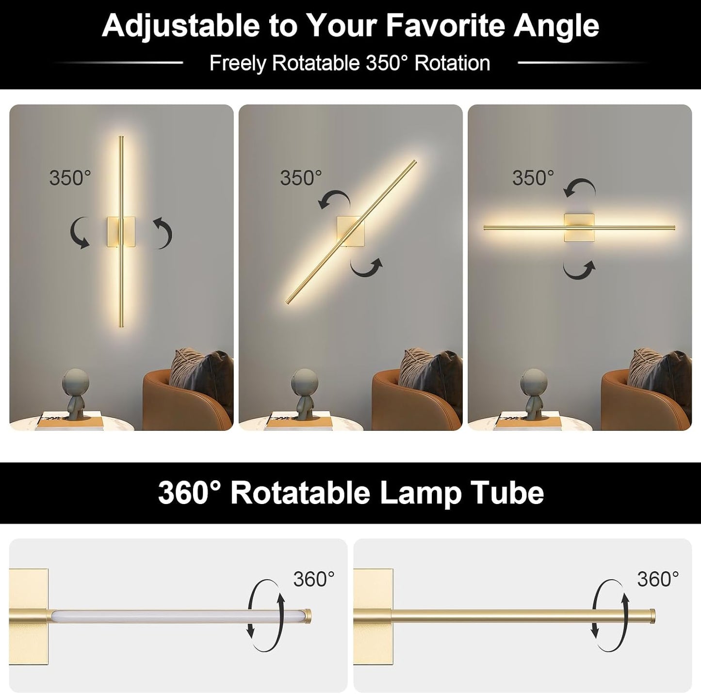 Battery Operated Wall Sconce Set of Two with Remote Control, 3000K-6000K Dimmable Gold Wall Lights, Timable LED