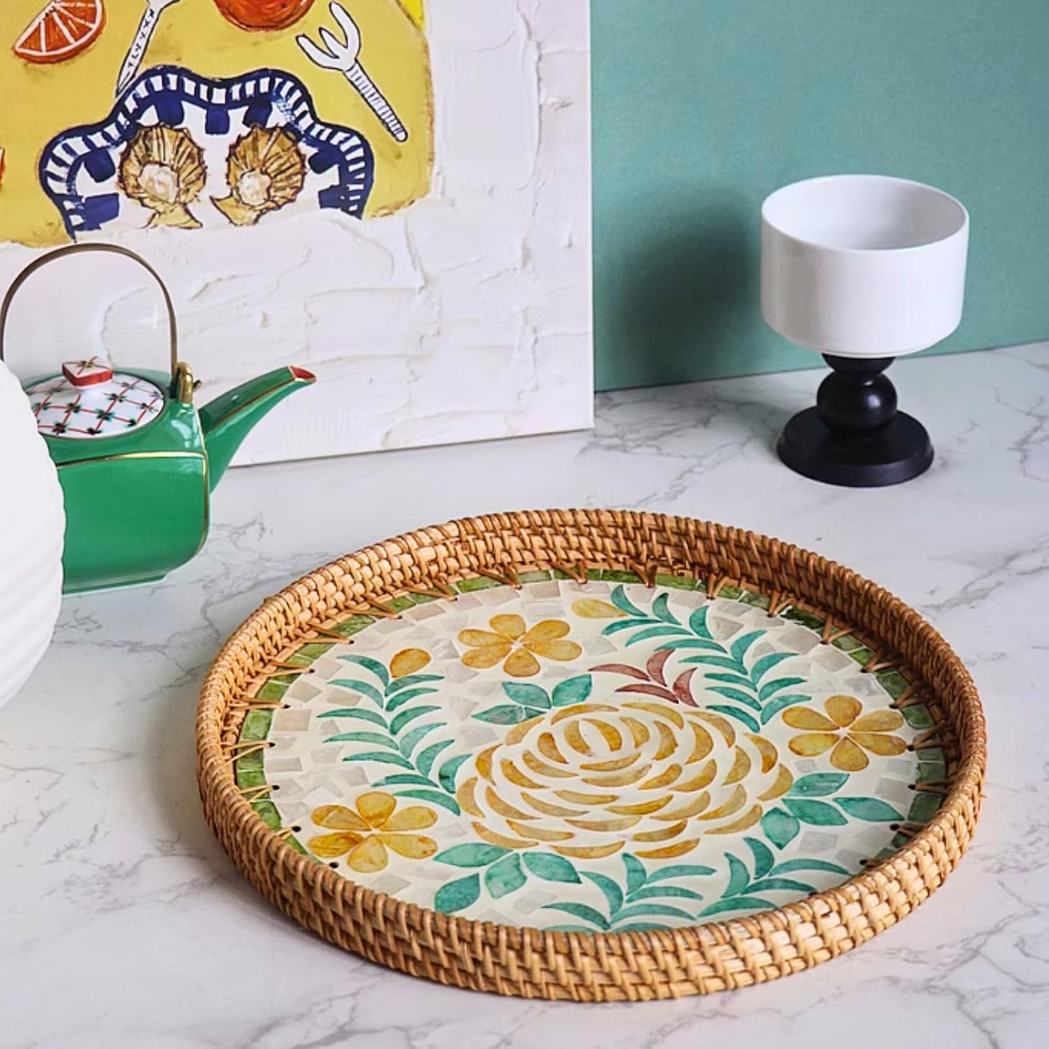 14" Large Rattan Serving Tray / Peony Flower / Set of 14