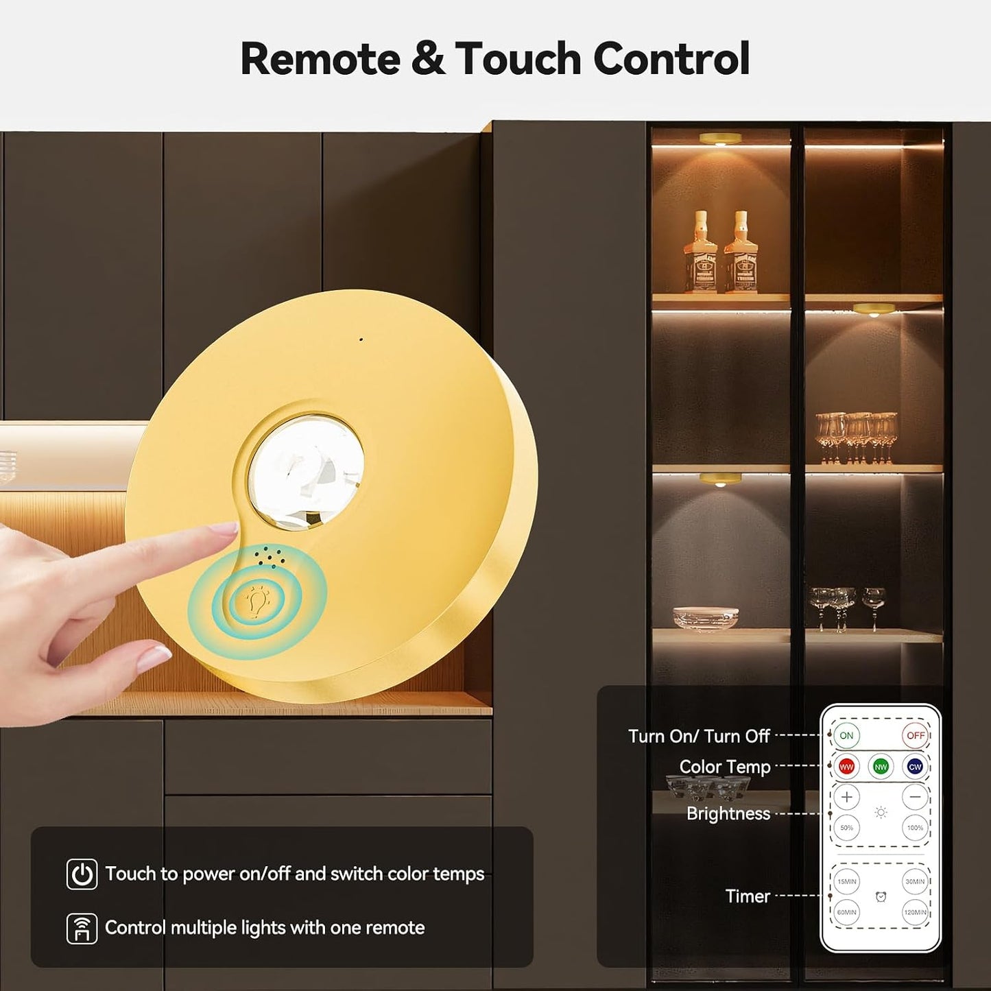 Yiliaw Rechargeable Puck Lights with Remote, 12 Pack Magnetic Under Cabinet Lighting, 1500mAh Battery Operated LED Tap