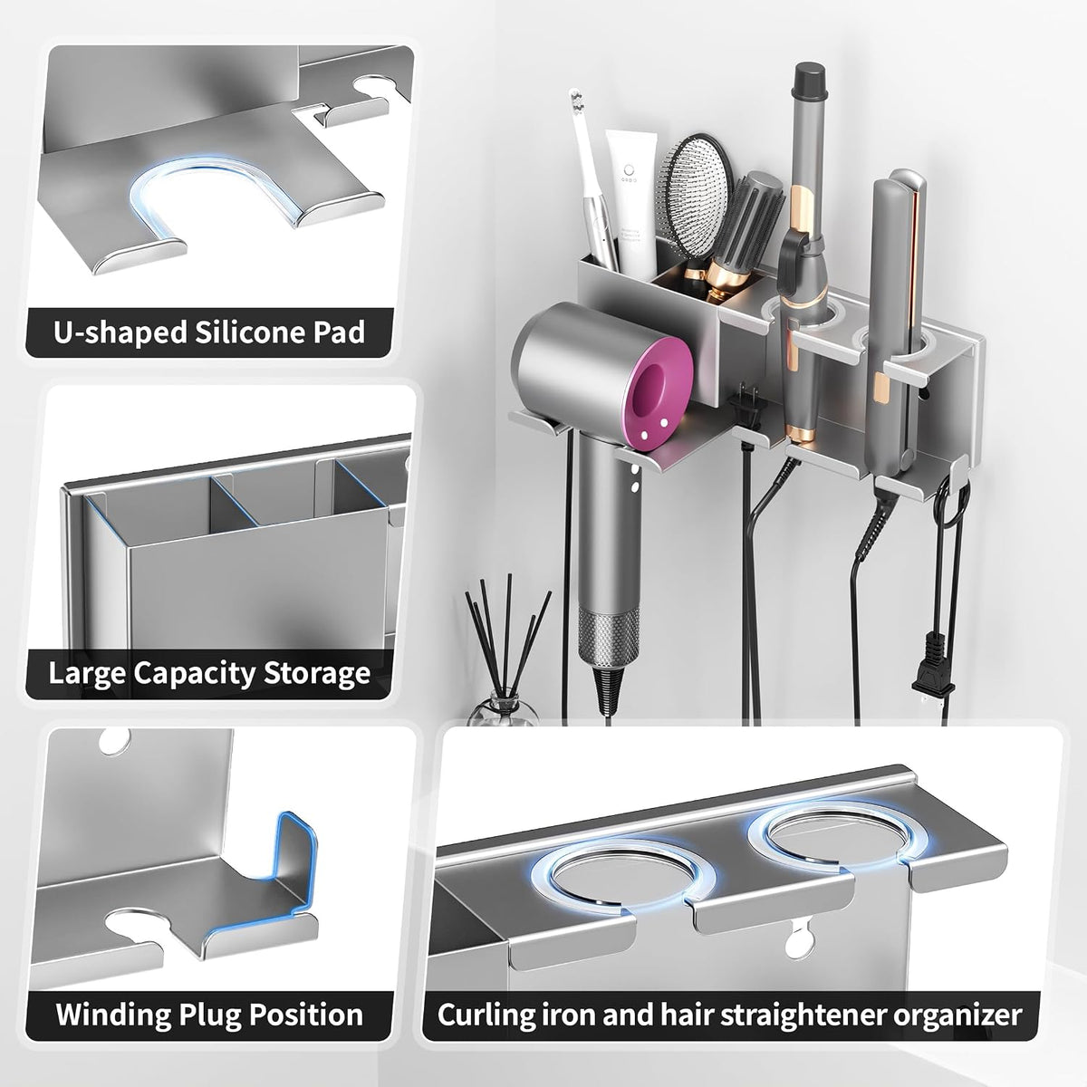 Hair Dryer Holder, Hair Tool Organizer, Blow Dryer Hanger Wall Mount for Dryer Hook, Bathroom Space-Saving Blow Dryer