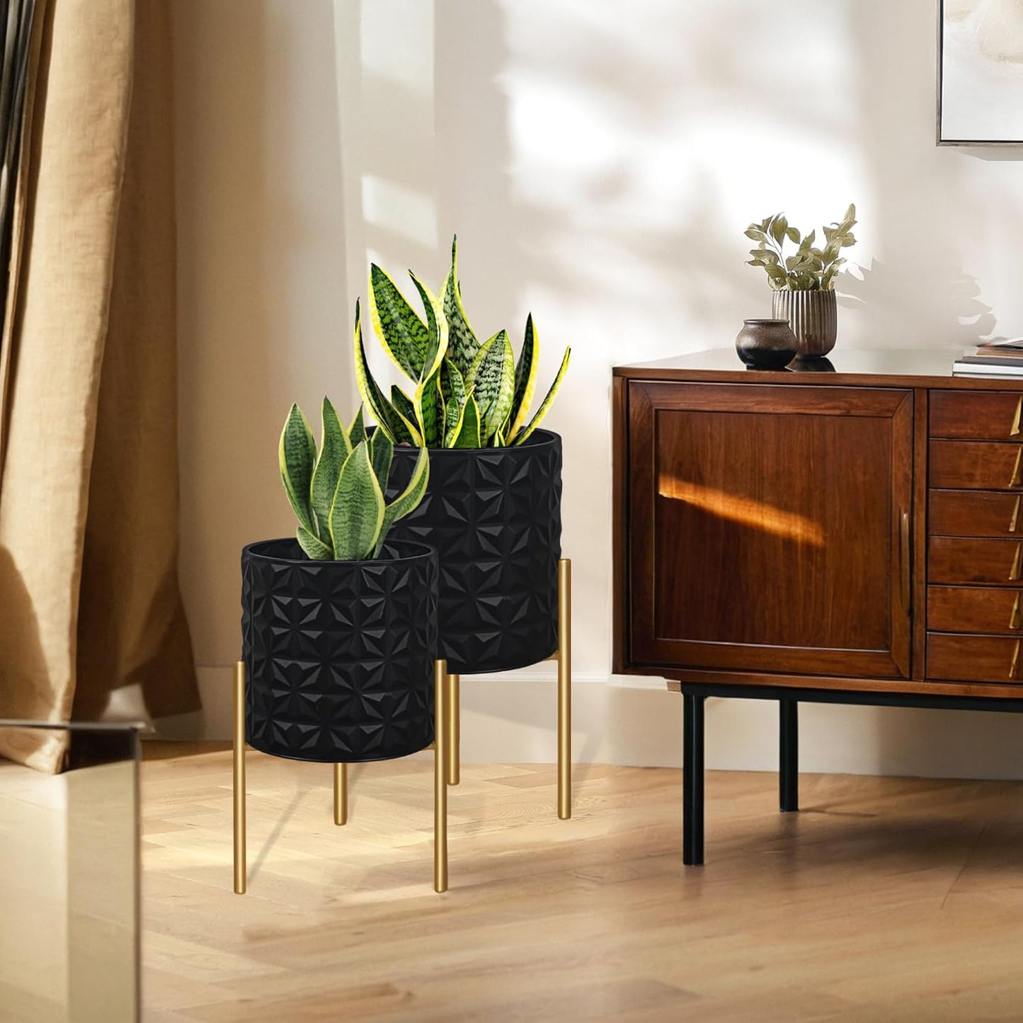 ARNIS Modern Planter Pots, Set of 2 Large Planters with Stand, Decorative Planters, Metal Pots with Drainage Holes for
