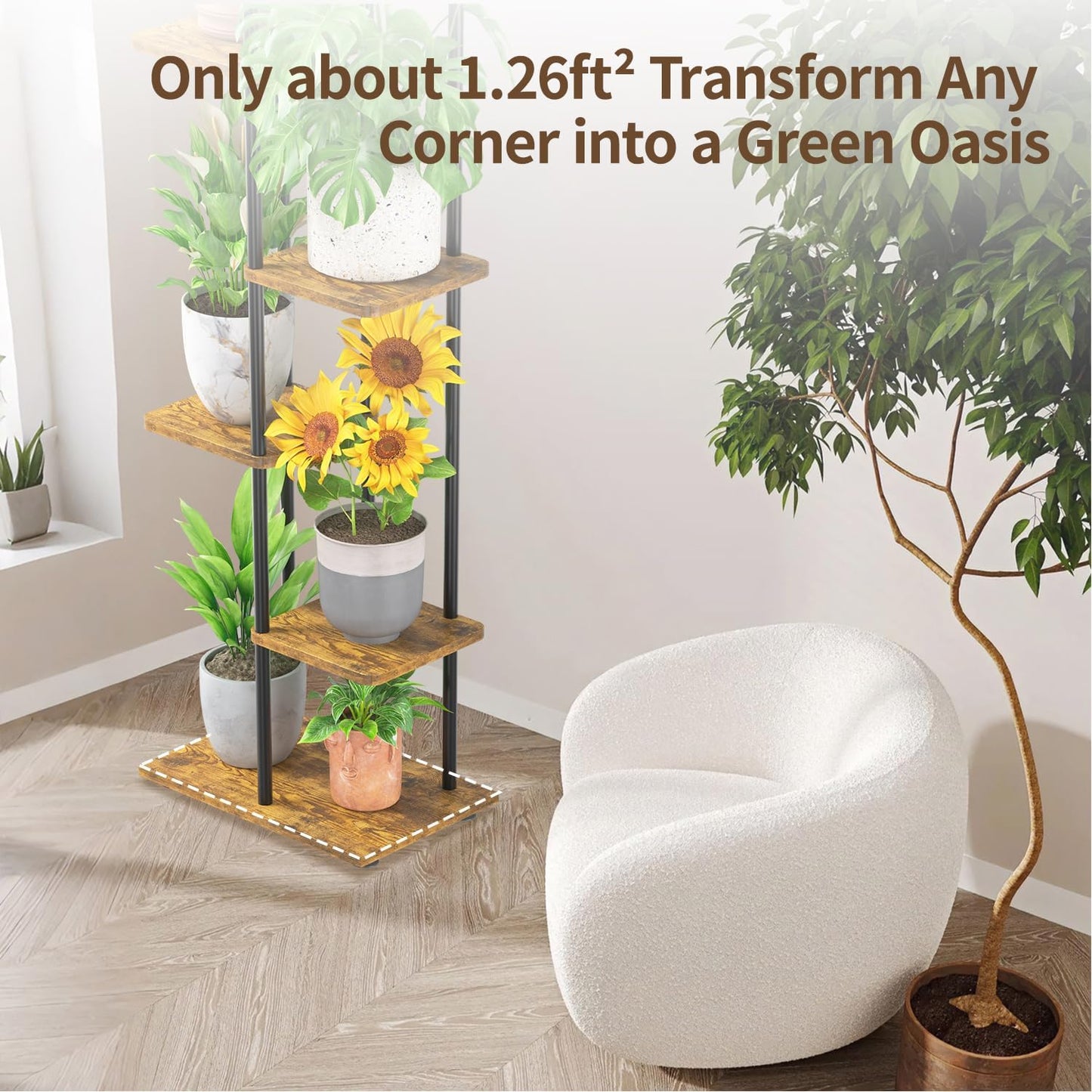 LASZOLA Plant Stand Shelf Tall for Indoor Corner, 7 Tier Wood Brown | Heavy Duty Multi Level Vertical Flower Rack for