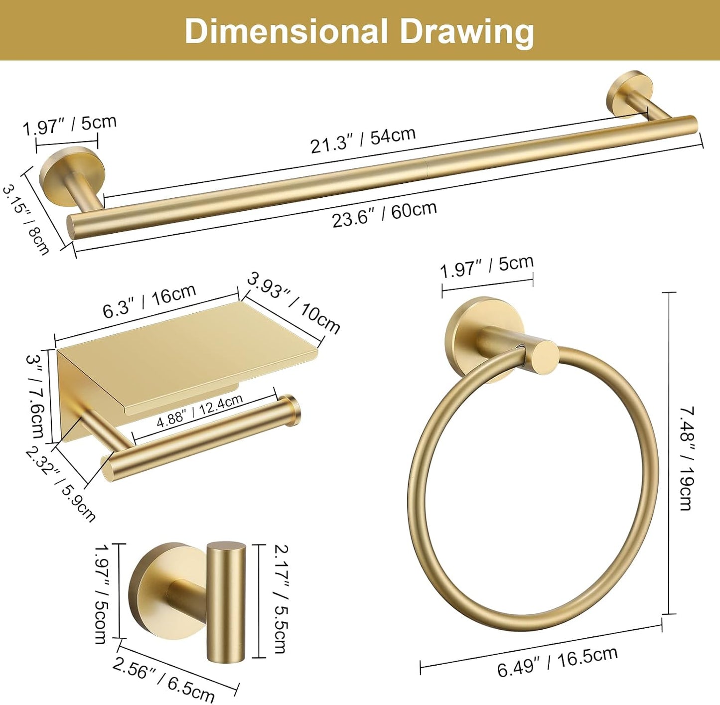 Brushed Gold Bathroom Hardware Set, 5 Pieces Gold Towel Bar Bathroom Accessories, Upgraded Toilet Paper Holder with