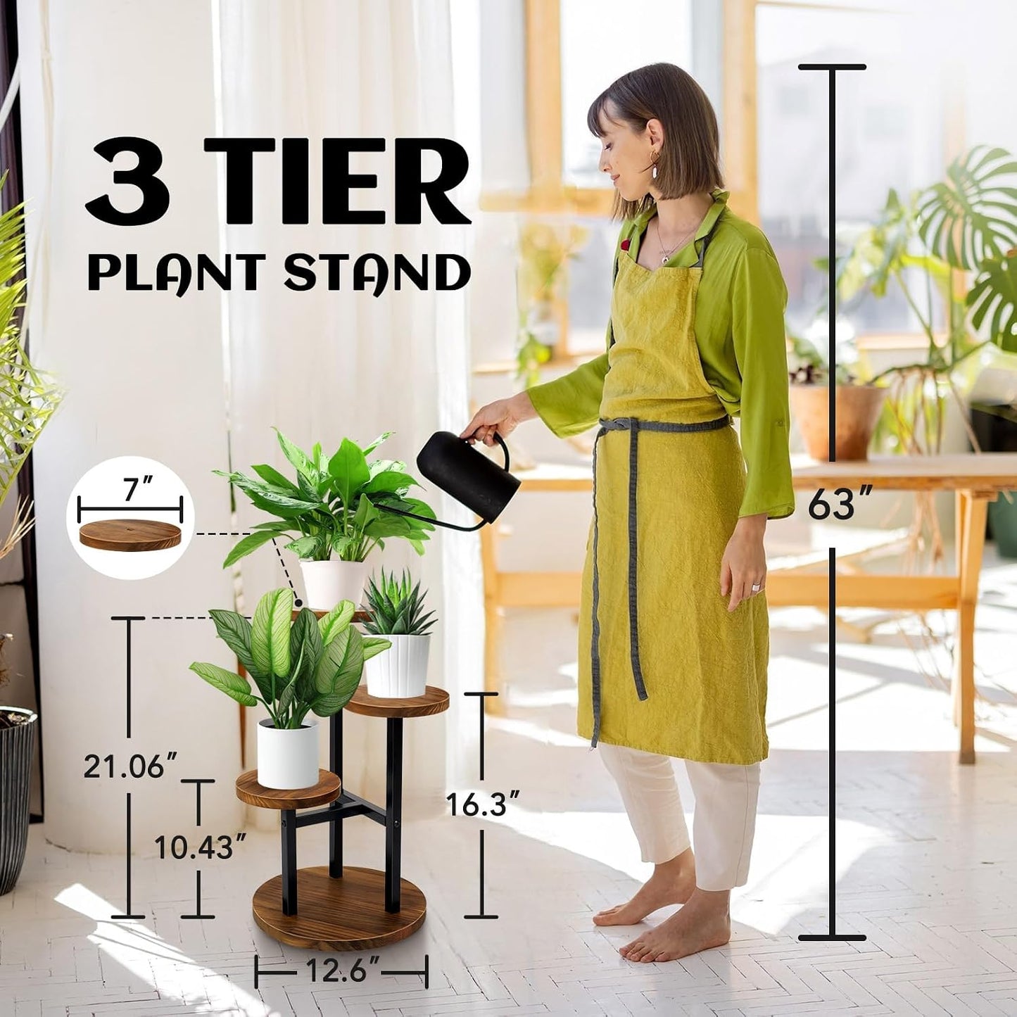 AUGOSTA 3 Tier Plant Stand, Tall Metal Wood Shelf Holder for Indoor, Outdoor Display Rack Flower Pot Stand for Corner