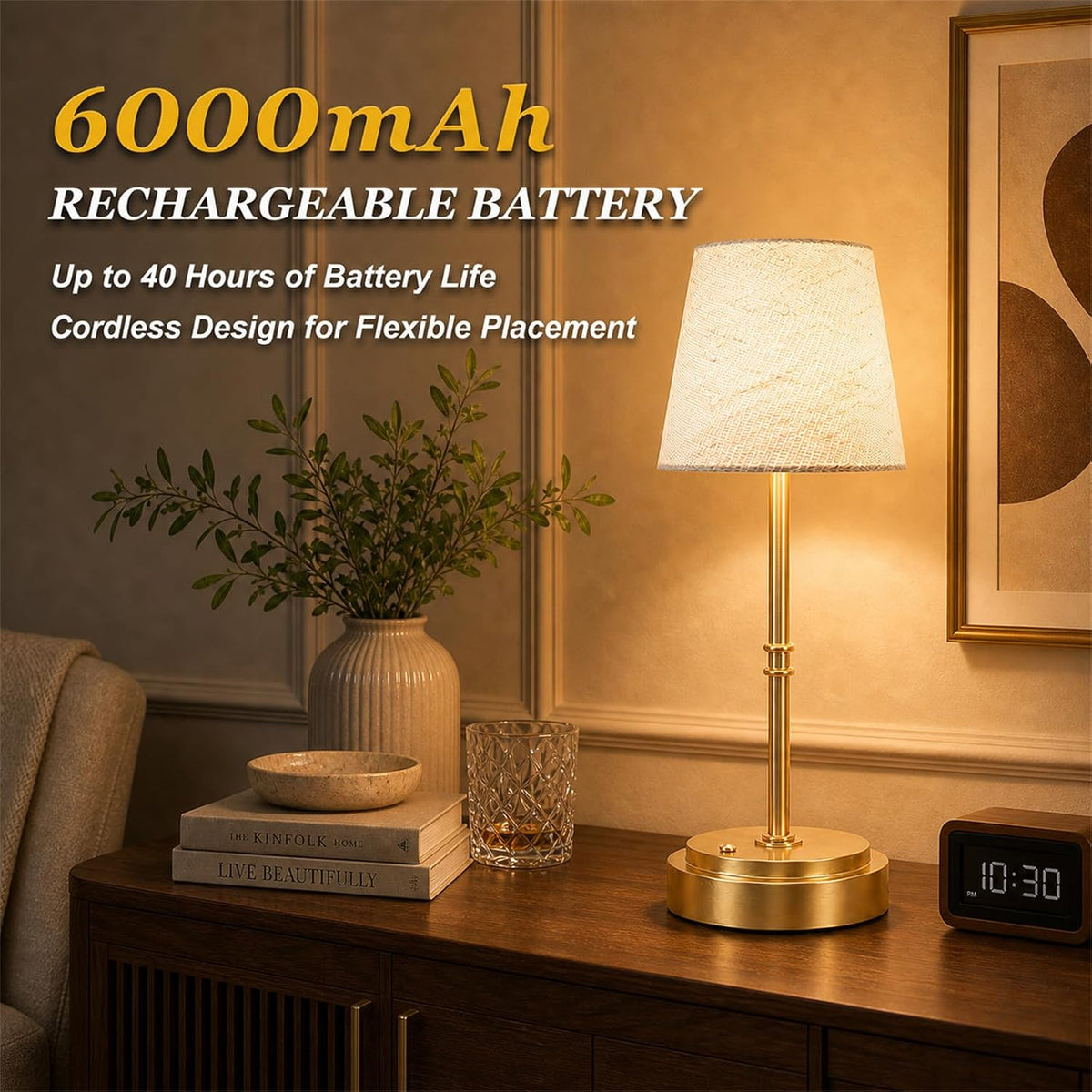 Rechargeable Cordless Table Lamp, Battery Operated Bedside Lamp, Gold | 6000mAh, 4H charge, 12-36H runtime, 2500K warm