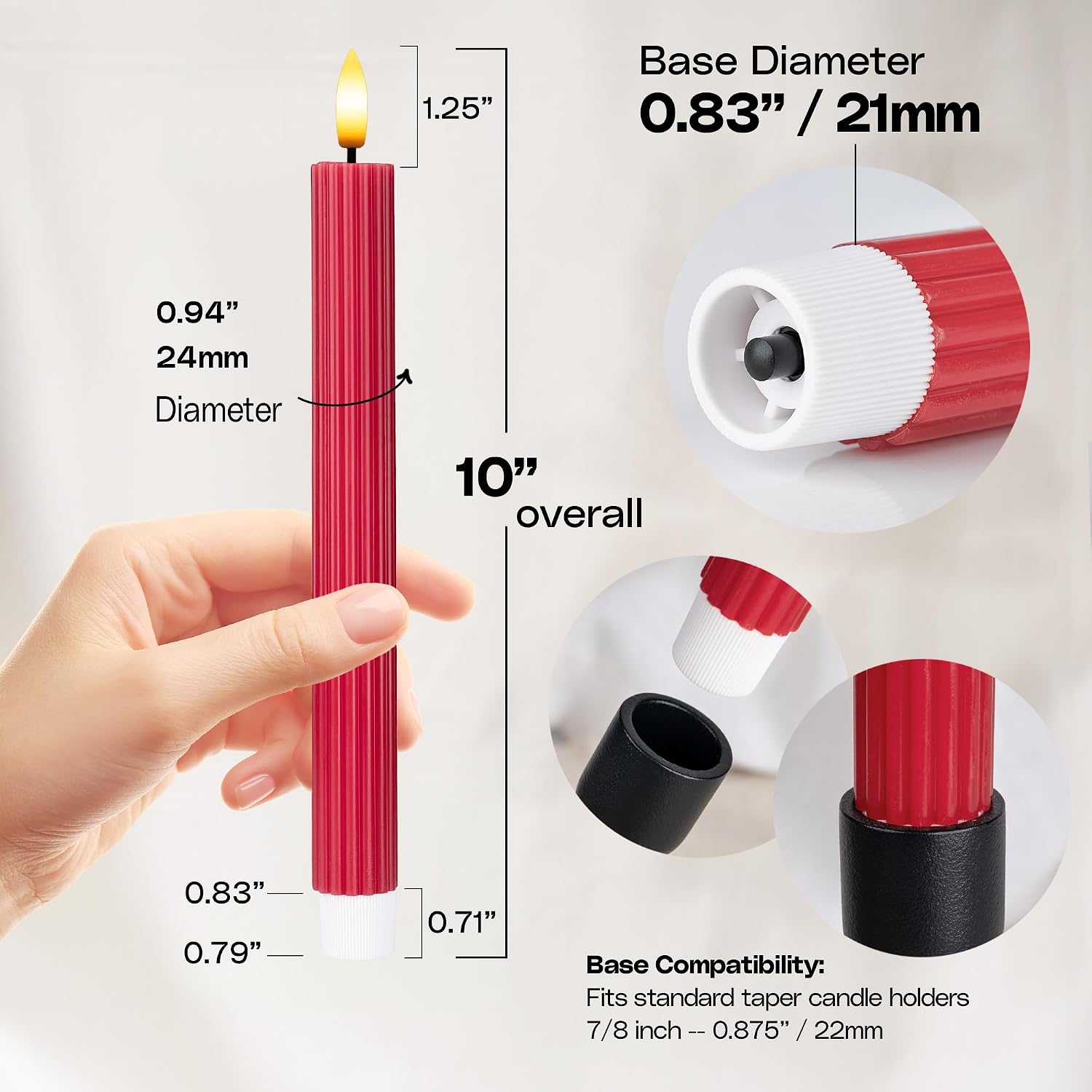 10" Fluted Ribbed LED Red Grooved Pillar Candles, Remote & 24h Timer Memory, On/Off Switch - Flameless Dimmable Battery