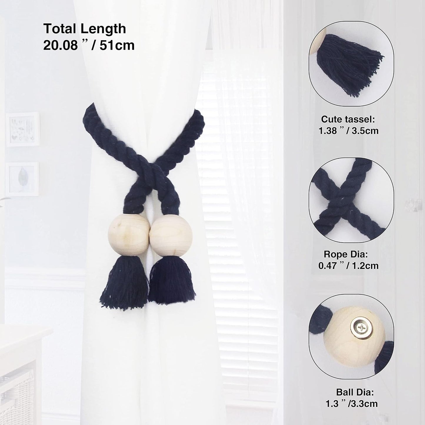 Magnetic Curtain Tiebacks Decorative Tie Back Drapes Holdbacks Nieffeiy | 6 Pack Navy Cotton Hand Woven Rope Curtain