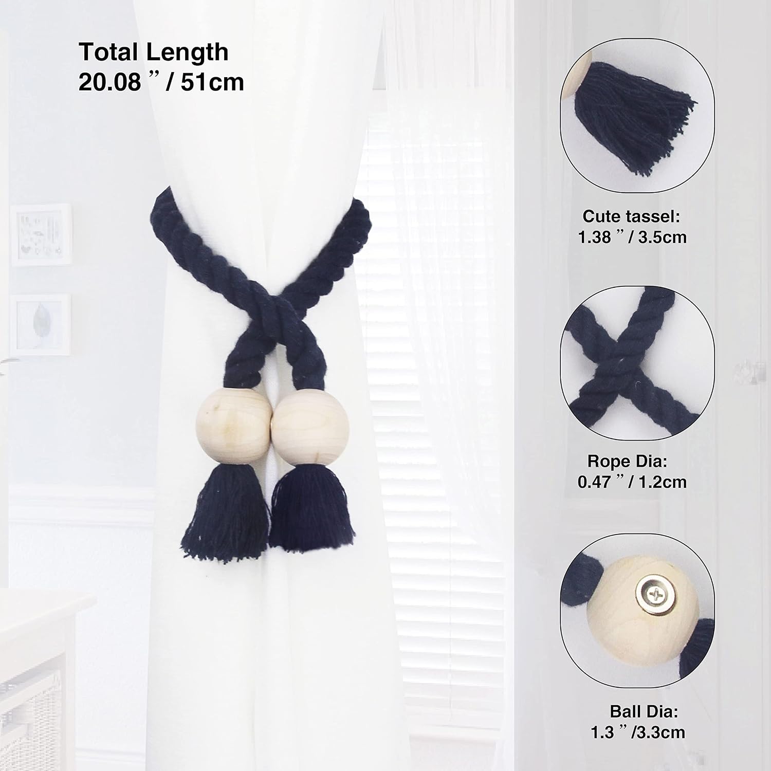 Magnetic Curtain Tiebacks Decorative Tie Back Drapes Holdbacks Nieffeiy | 6 Pack Navy Cotton Hand Woven Rope Curtain