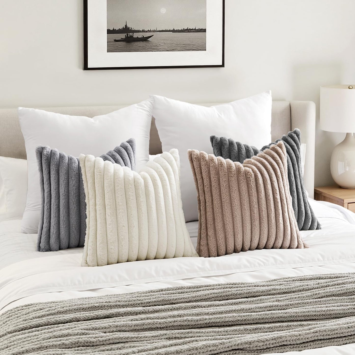 Faux Fur Plush Decorative Throw Pillow Covers / 18 x 18 / Grey Taupe / Set of 4