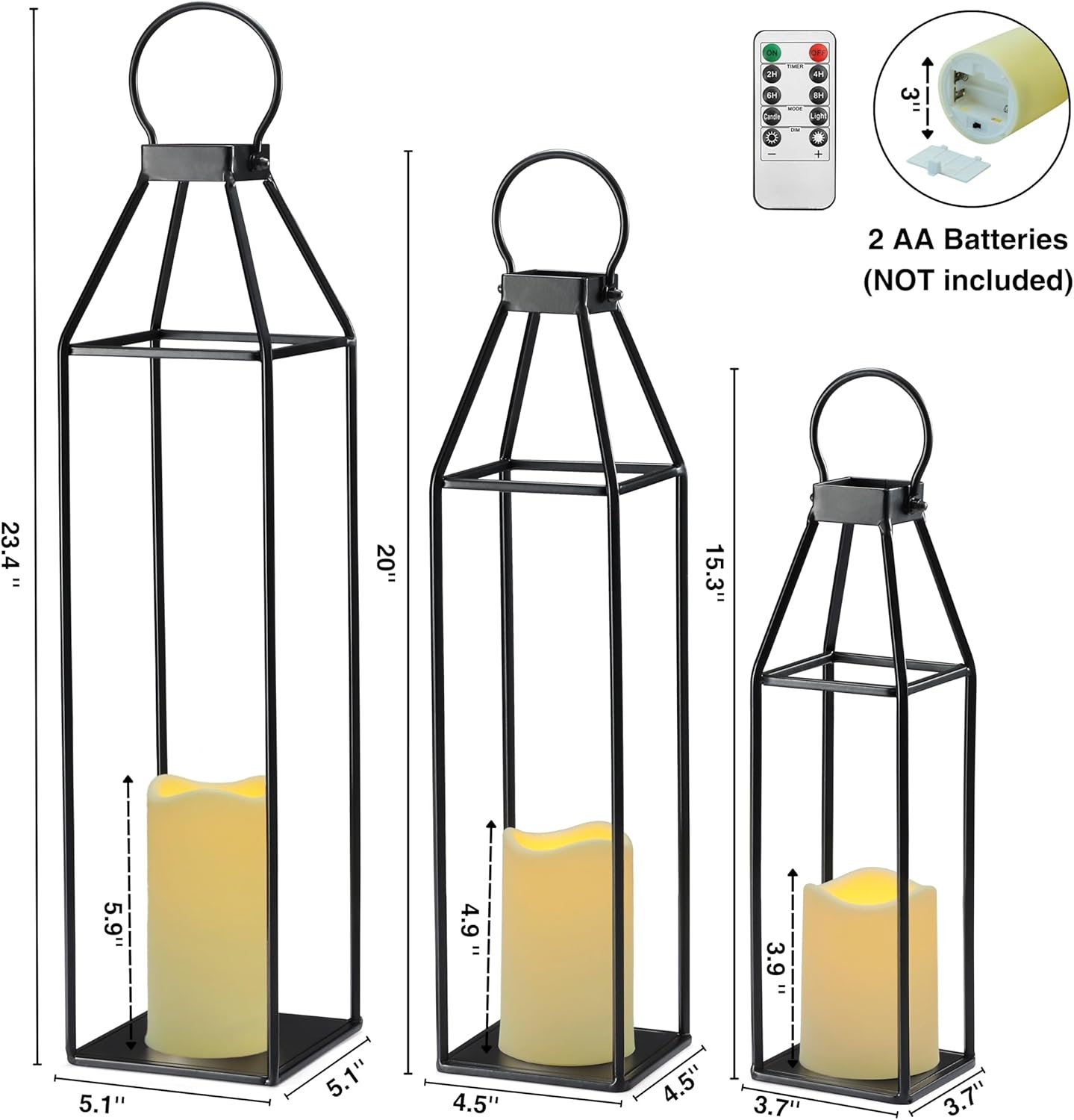 Perfnique Set of 3 Black Metal Lanterns w/ Waterproof Flickering Flameless Candle & Remote Timer, Modern Farmhouse