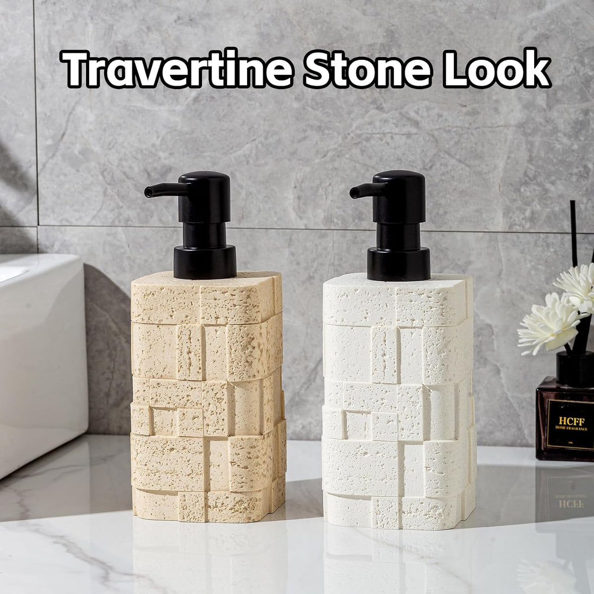 Soap Dispensers,2 PCS,13.53 OZ,Luxurious Faux Travertine,Cream | Modern,Hand Dish Lotion Shampoo and Conditioner