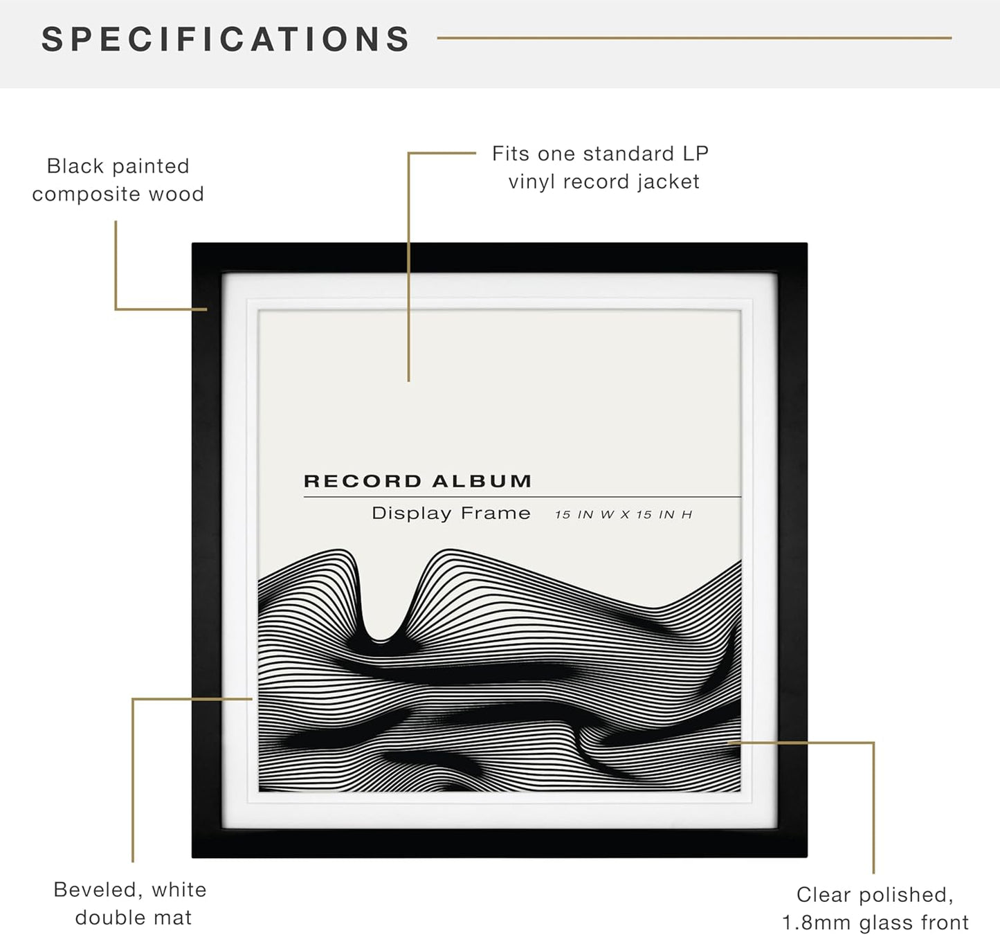 MCS Single Matted Record Album Frame, 15x15, Black | Single Matted Frame Displays Vinyl LP Record And Jacket For Album