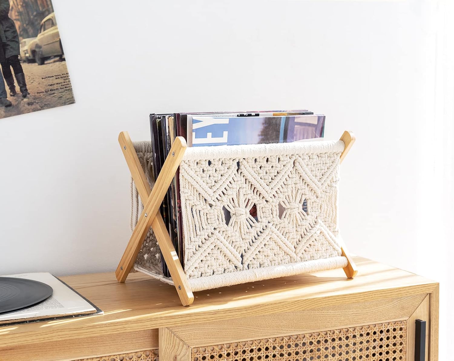 Mkono Macrame Magazine Holder, Boho Woven Book Rack Basket, 14" L x 10" W | Boho Decor, Mail Paper Vinyl Storage