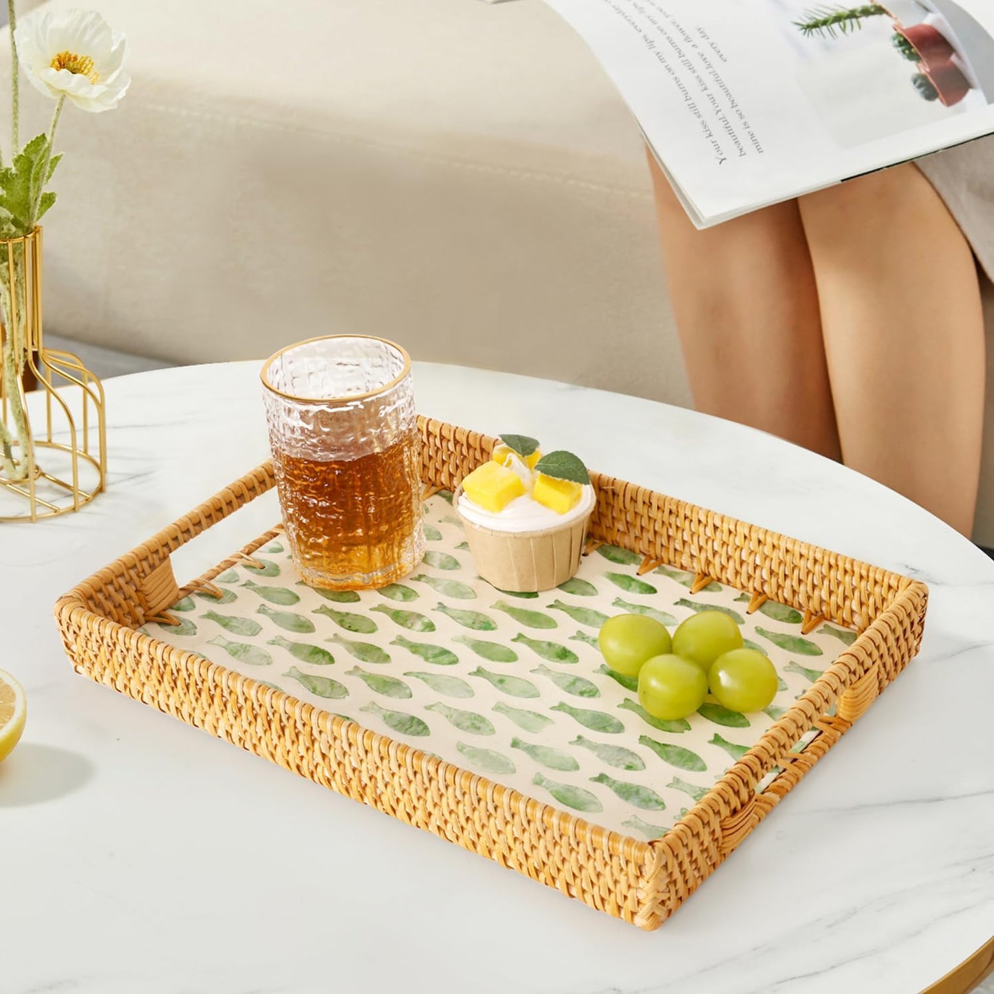 Rattan Serving Tray / Green Fish