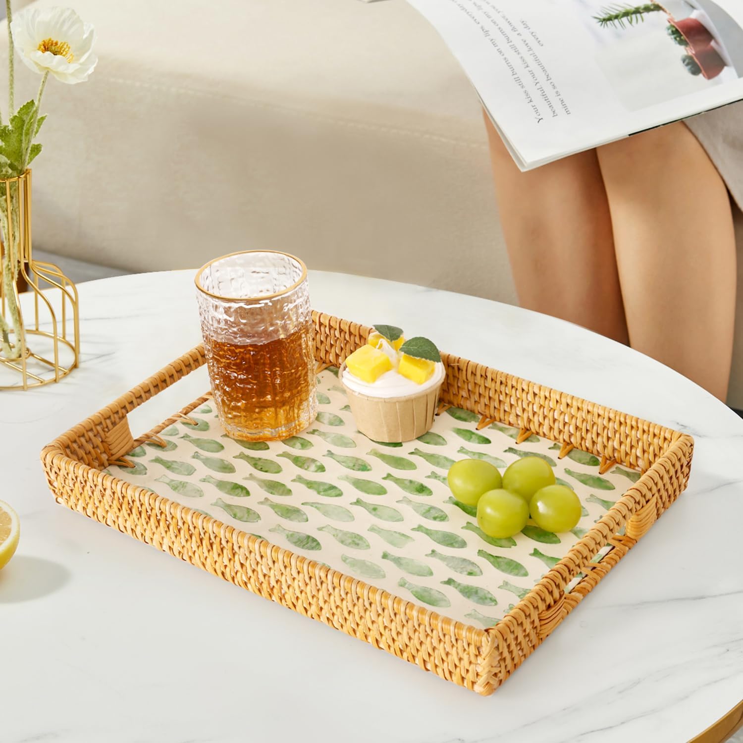 Rattan Serving Tray / Green Fish