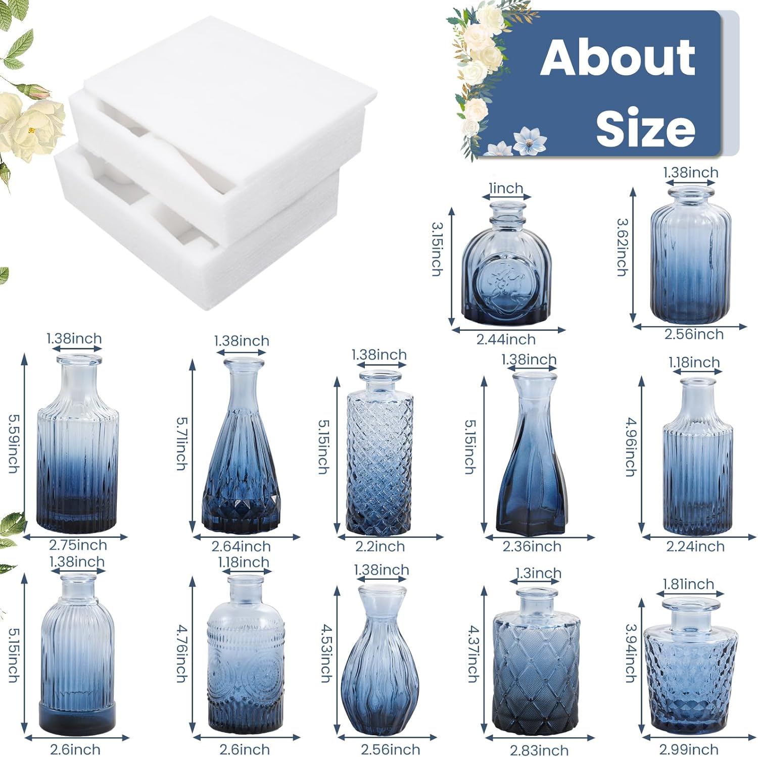 Glass Bud Vases Set / Blue / Set of 12