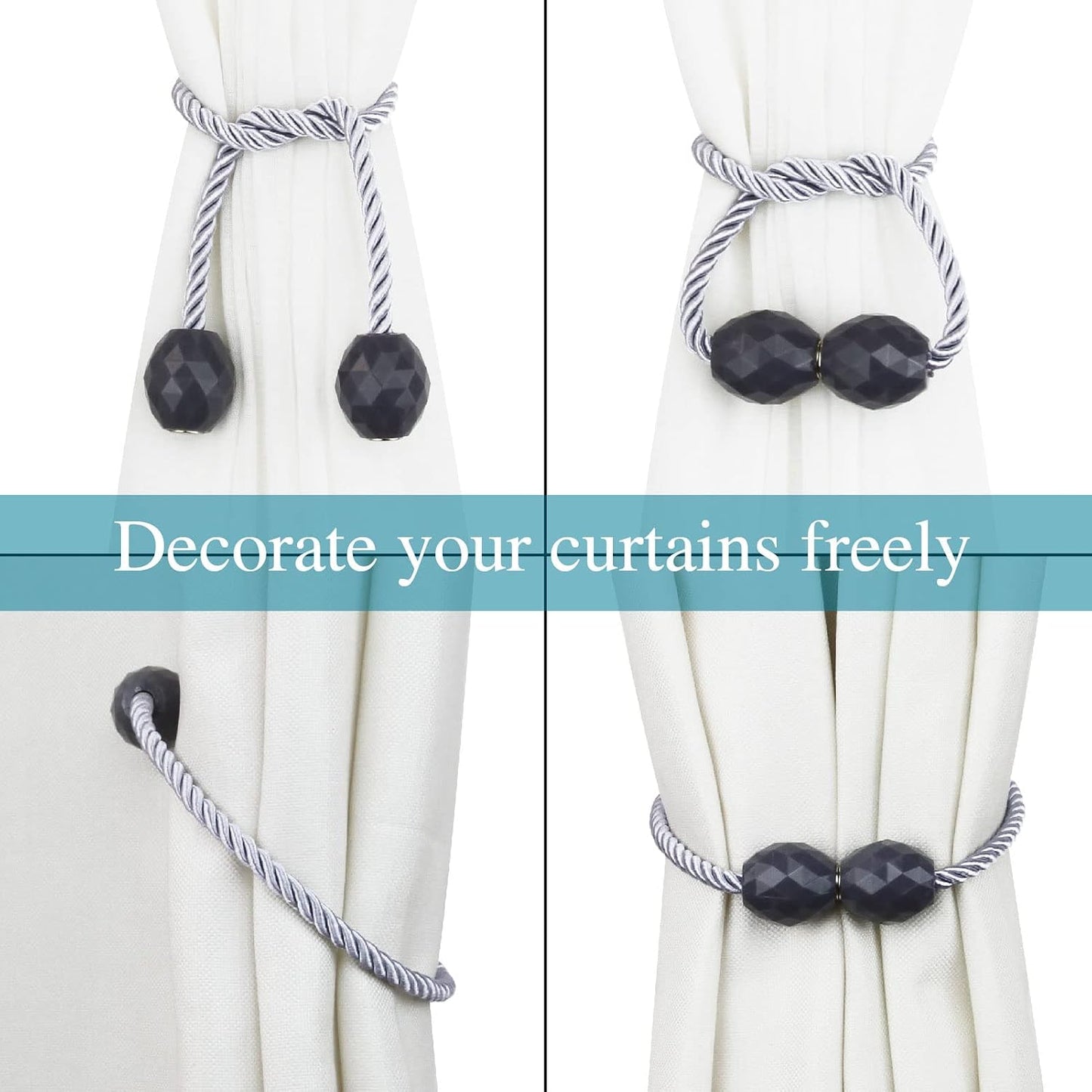 Strong Magnetic Curtain Tiebacks Decorative Rope Tie Backs Holdbacks Porlau | 6 Pack Grey Outdoor Curtain Rope Tiebacks