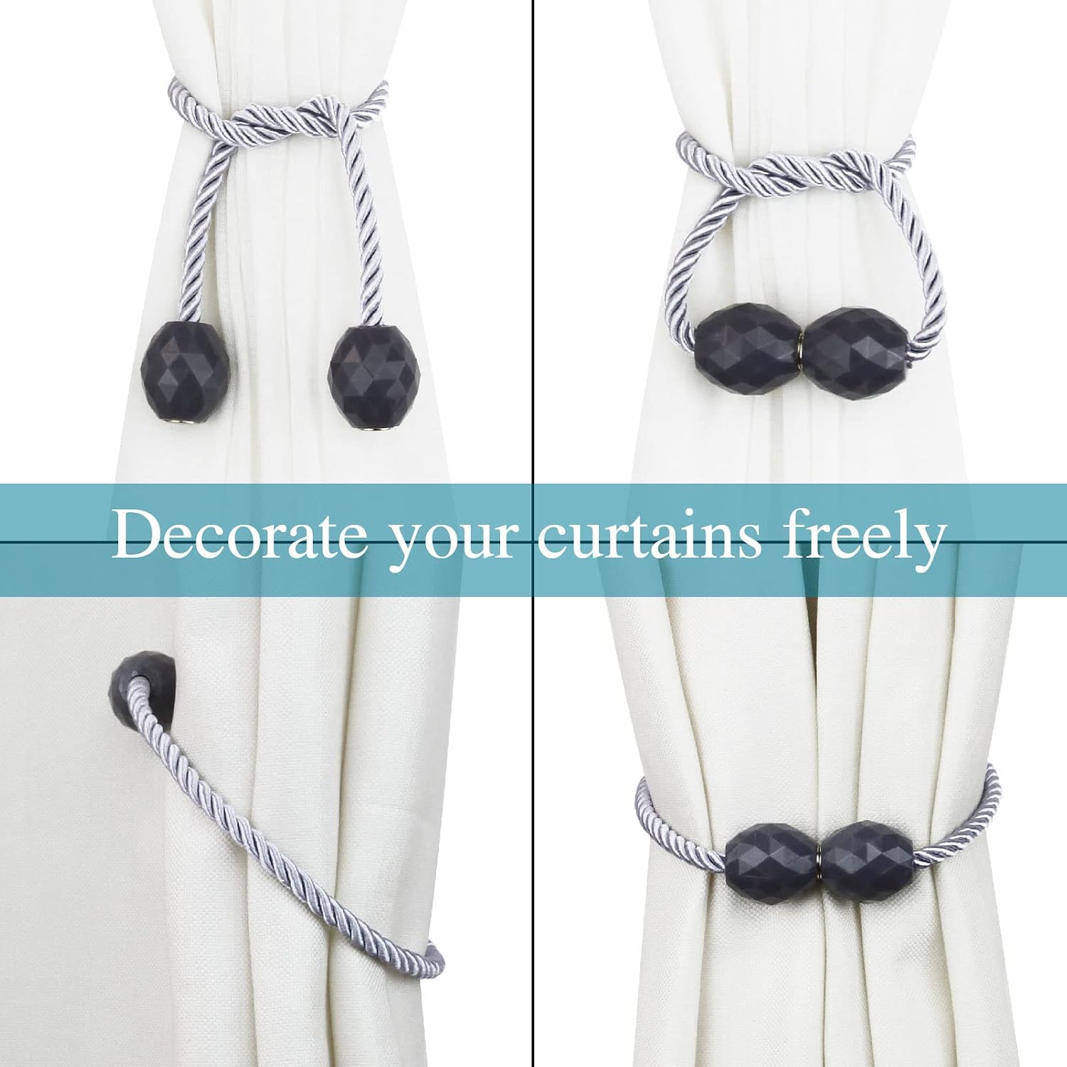 Strong Magnetic Curtain Tiebacks Decorative Rope Tie Backs Holdbacks Porlau | 6 Pack Grey Outdoor Curtain Rope Tiebacks