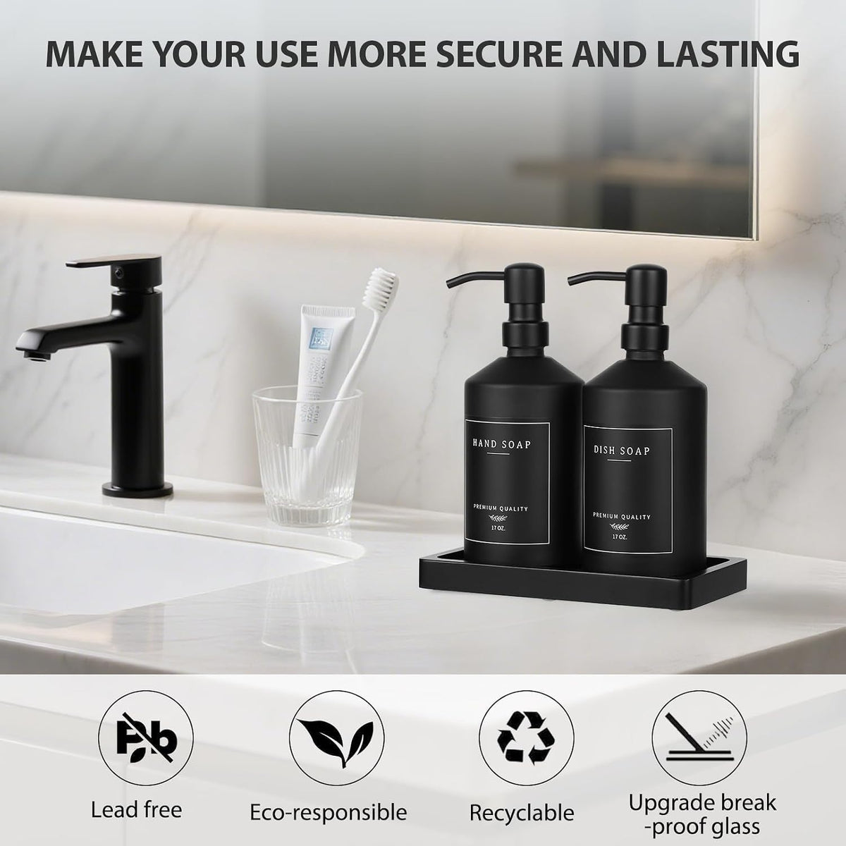 Matte Black Soap Dispenser Set, 17 OZ Hand and Dish Soap Dispenser Set, Bathroom Refillable Soap and Lotion Dispenser