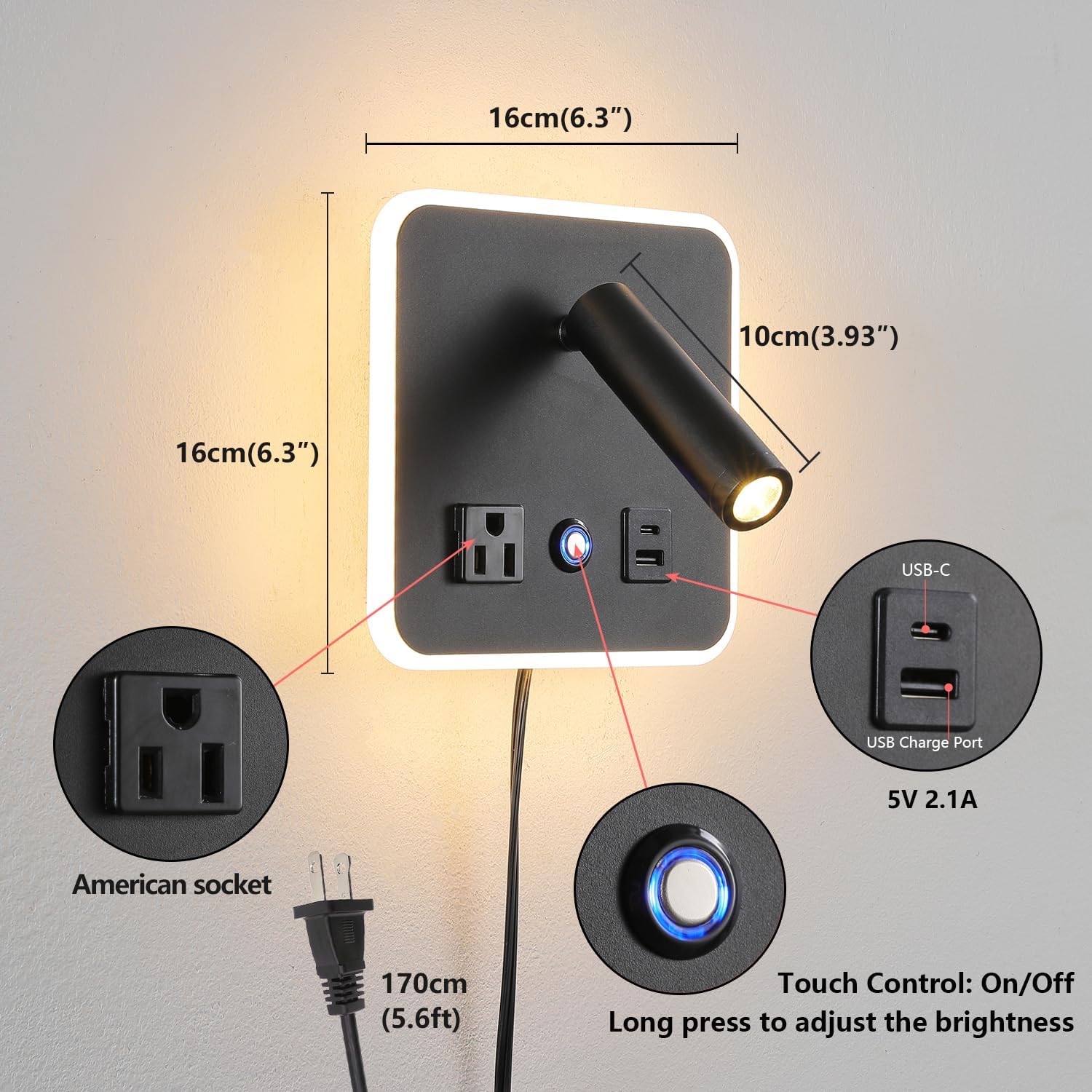 Dimmable LED Wall Reading Lamp with USB-A/USB-C Ports, 3000K, Black | Separate reading and ambient backlight controls