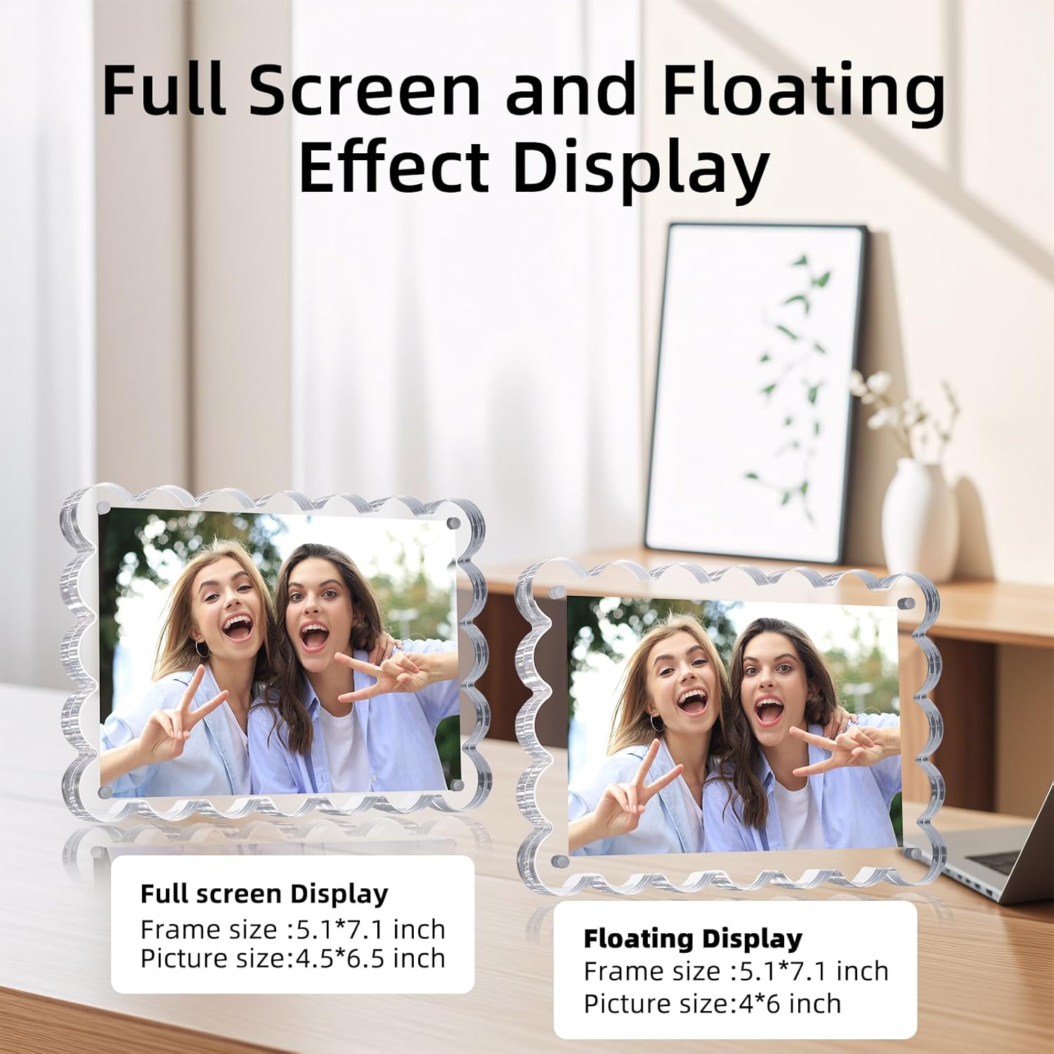 Chivalral 3 Pack 4x6 Acrylic Picture Frame, Double-Sided Tabletop Display | Scalloped Edge Design,10+10mmThick,Magnetic