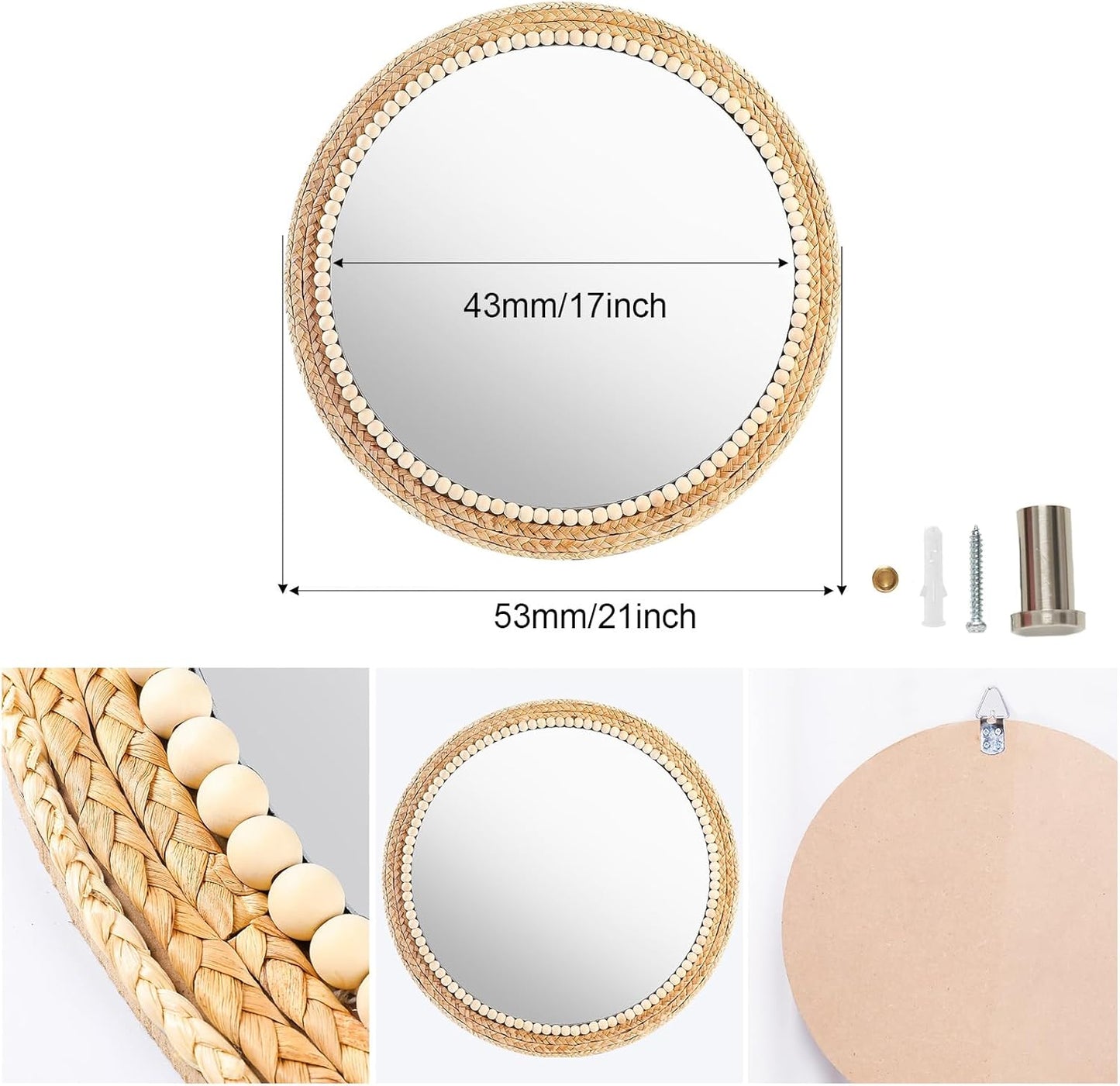Boho Round Hanging Wall Mirror Decorative Rattan Circle Wall Mounted Mirror / 21 Inch Wood / 21 Inch