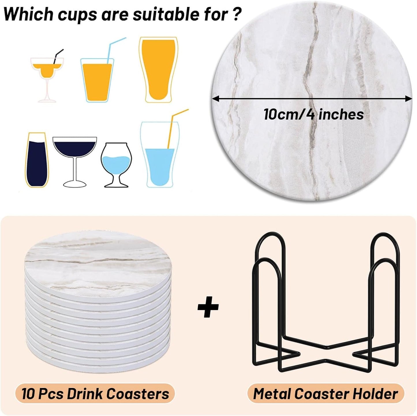 Holder / Marble Style Ceramic Coaster for Wooden Table / Griege / Set of 10