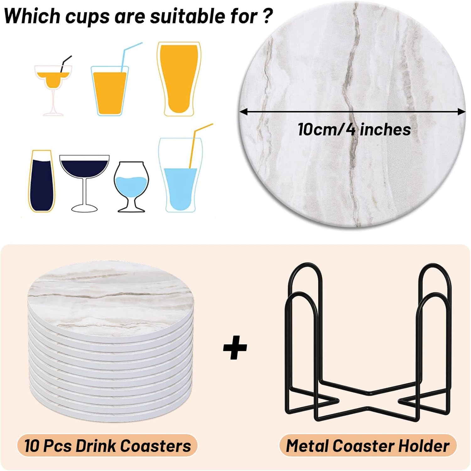 Holder / Marble Style Ceramic Coaster for Wooden Table / Griege / Set of 10