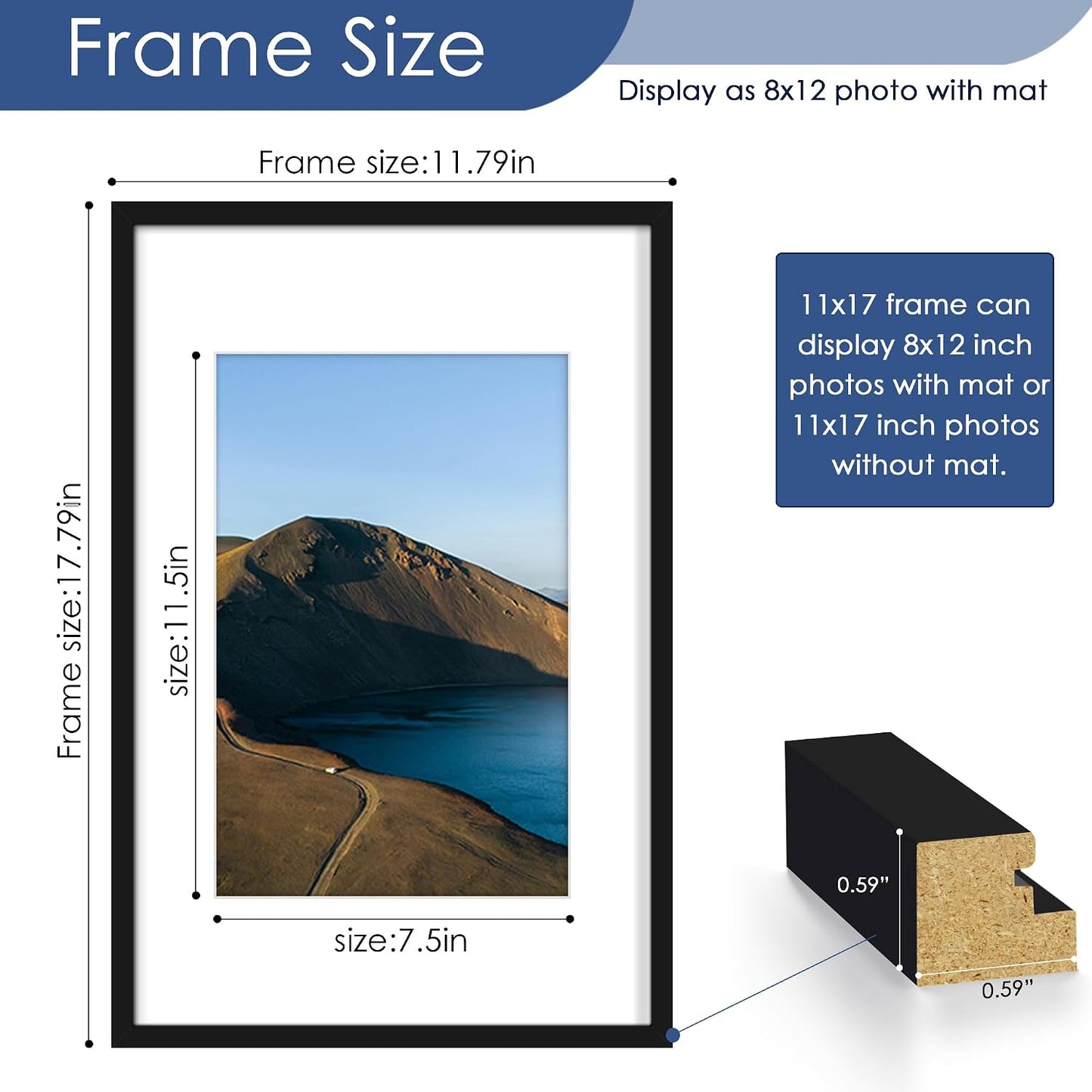 11x17 Picture Frame Set of 6, Wall Mounting Display, Black | Display 8x12 with Mat or 11x17 Without Mat, Horizontal or