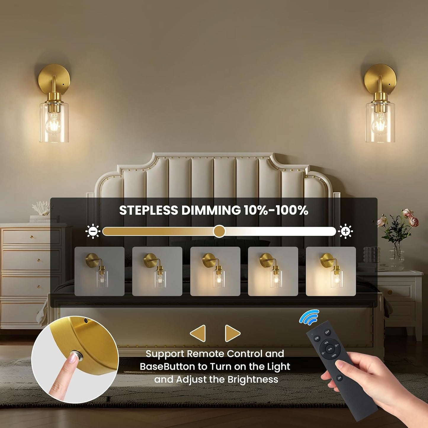 Epinl Battery Operated Wall Sconce Set of Two - Dimmable Wireless Sconces Set of 2 with Remote Control, Cordless