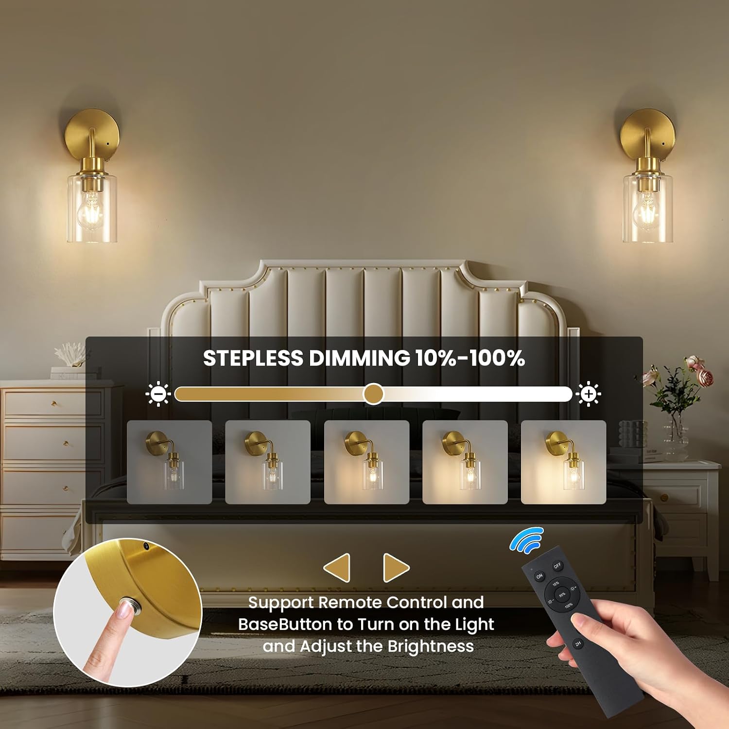 Epinl Battery Operated Wall Sconce Set of Two - Dimmable Wireless Sconces Set of 2 with Remote Control, Cordless