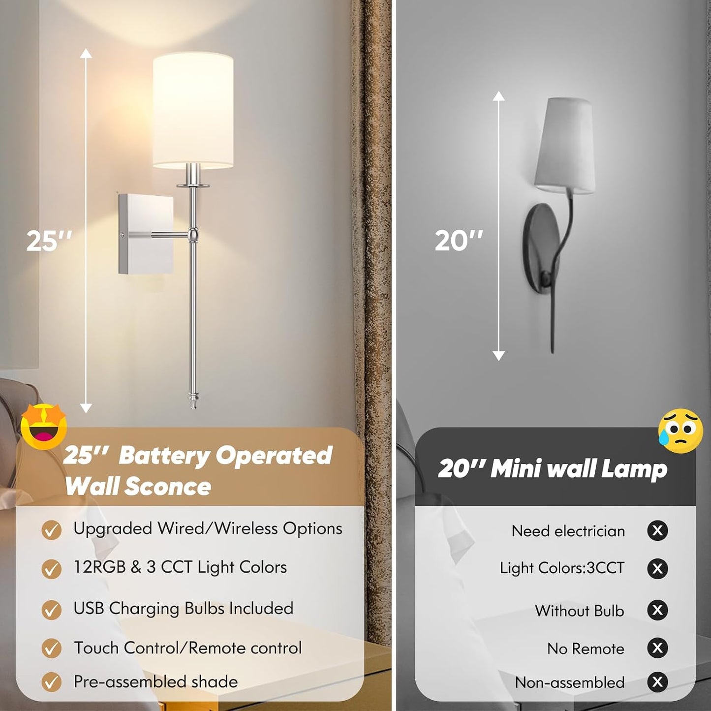 24 Inch Battery Operated Wall Sconces Set of 2 with Remote, Brushed Nickel Rechargeable Wireless Wall Lights with White
